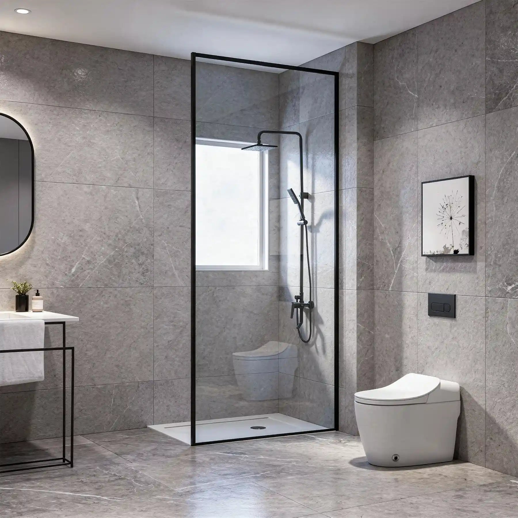 Dreamwerks screen door with black frame in a modern bathroom.