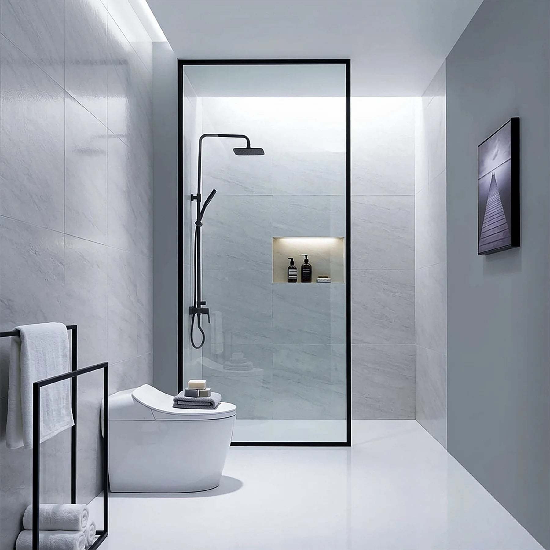 Dreamwerks screen door with black frame in a modern bathroom.