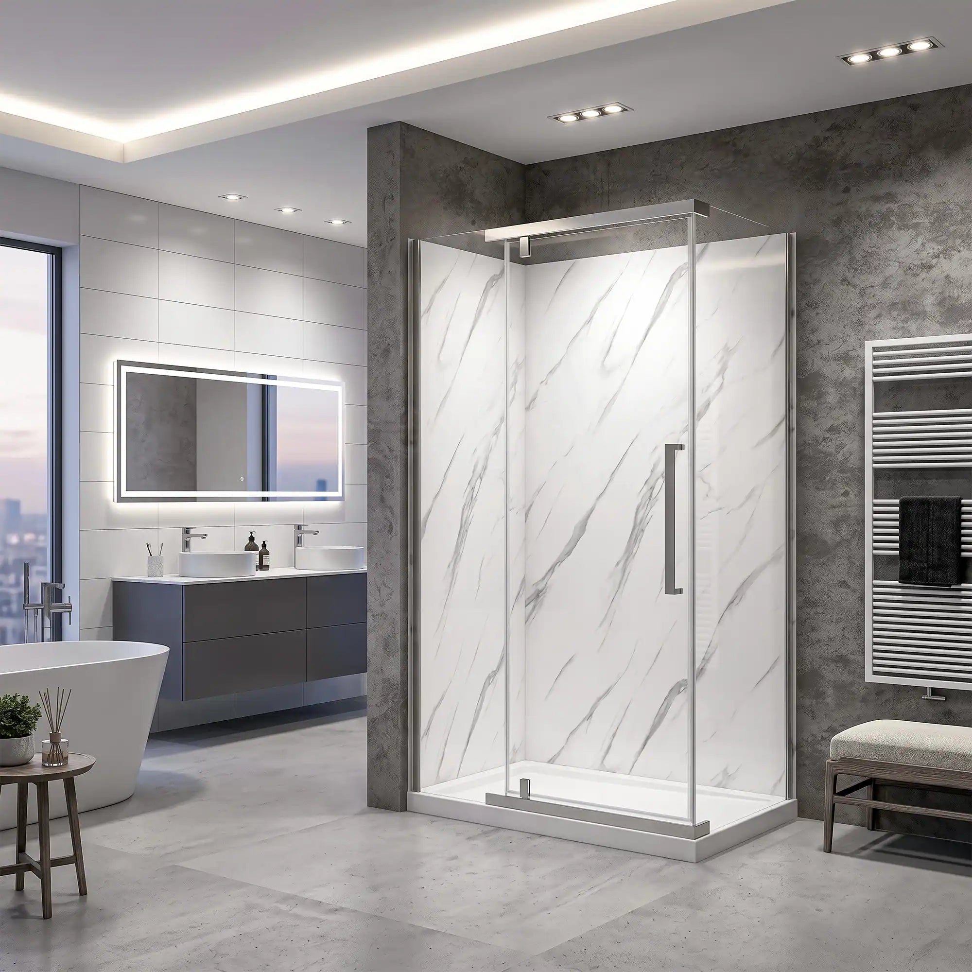 Modern bathroom with a glass shower enclosure, sink, and mirror.