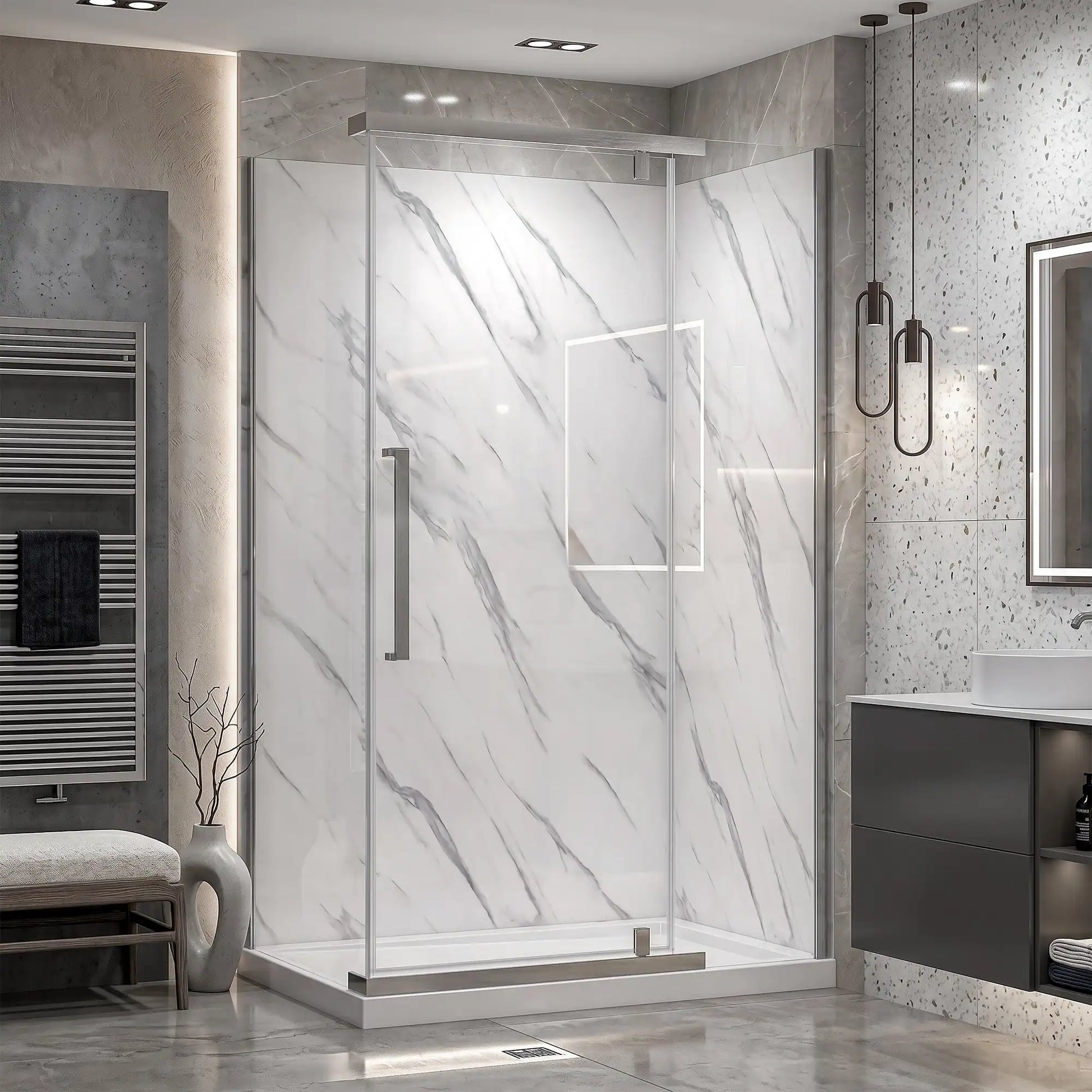 Modern bathroom with a glass shower enclosure, sink, and towel rack.