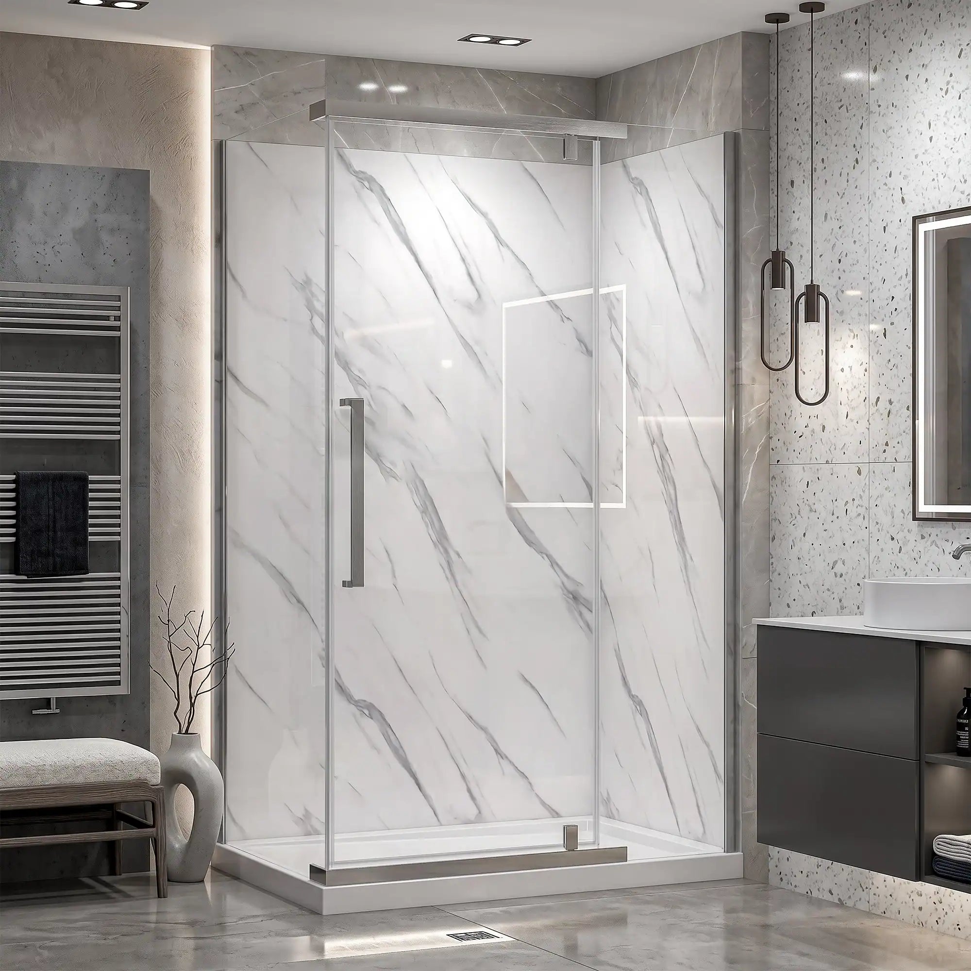 Modern bathroom with a glass shower enclosure, sink, and towel rack.
