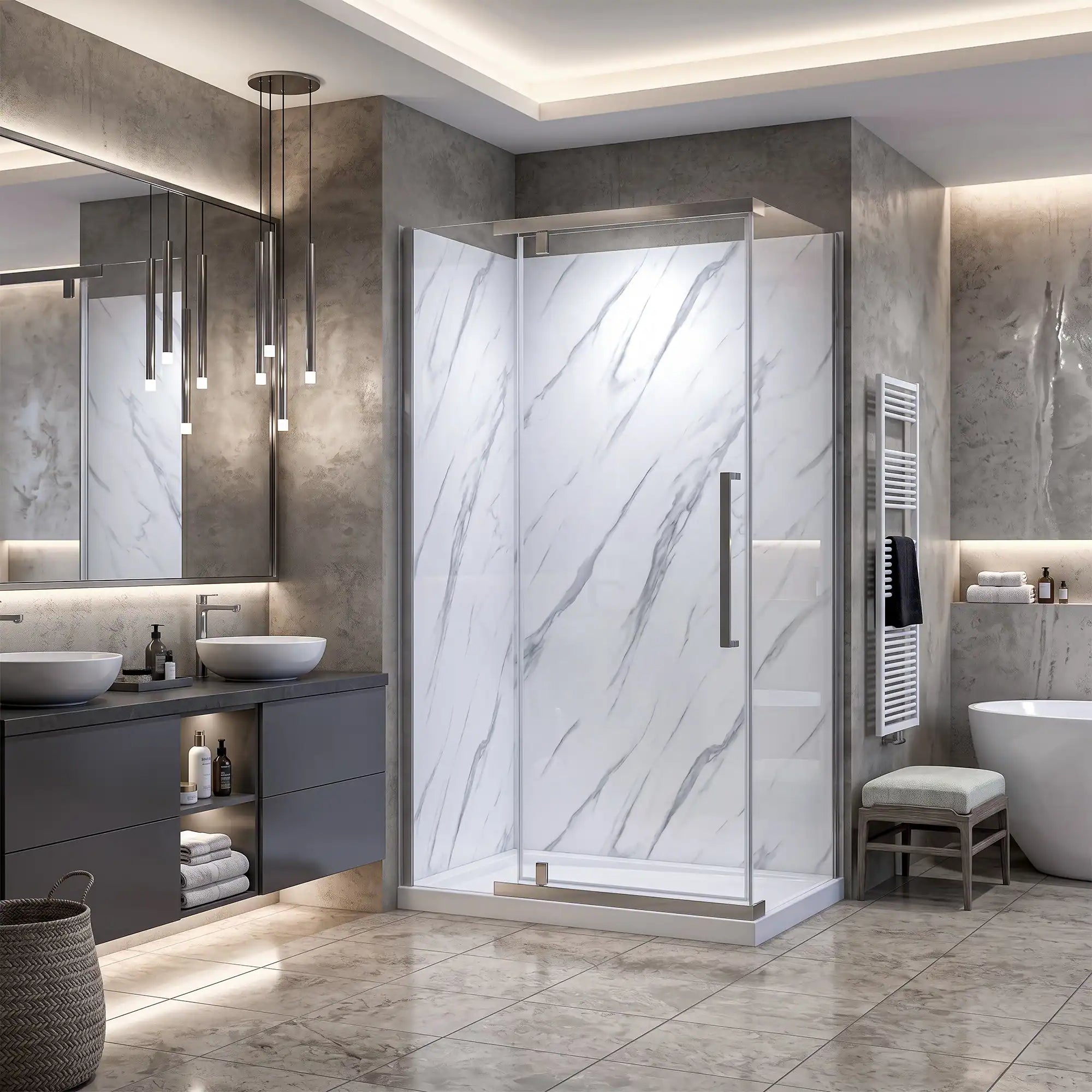 Modern bathroom with a shower enclosure, sink, and vanity.