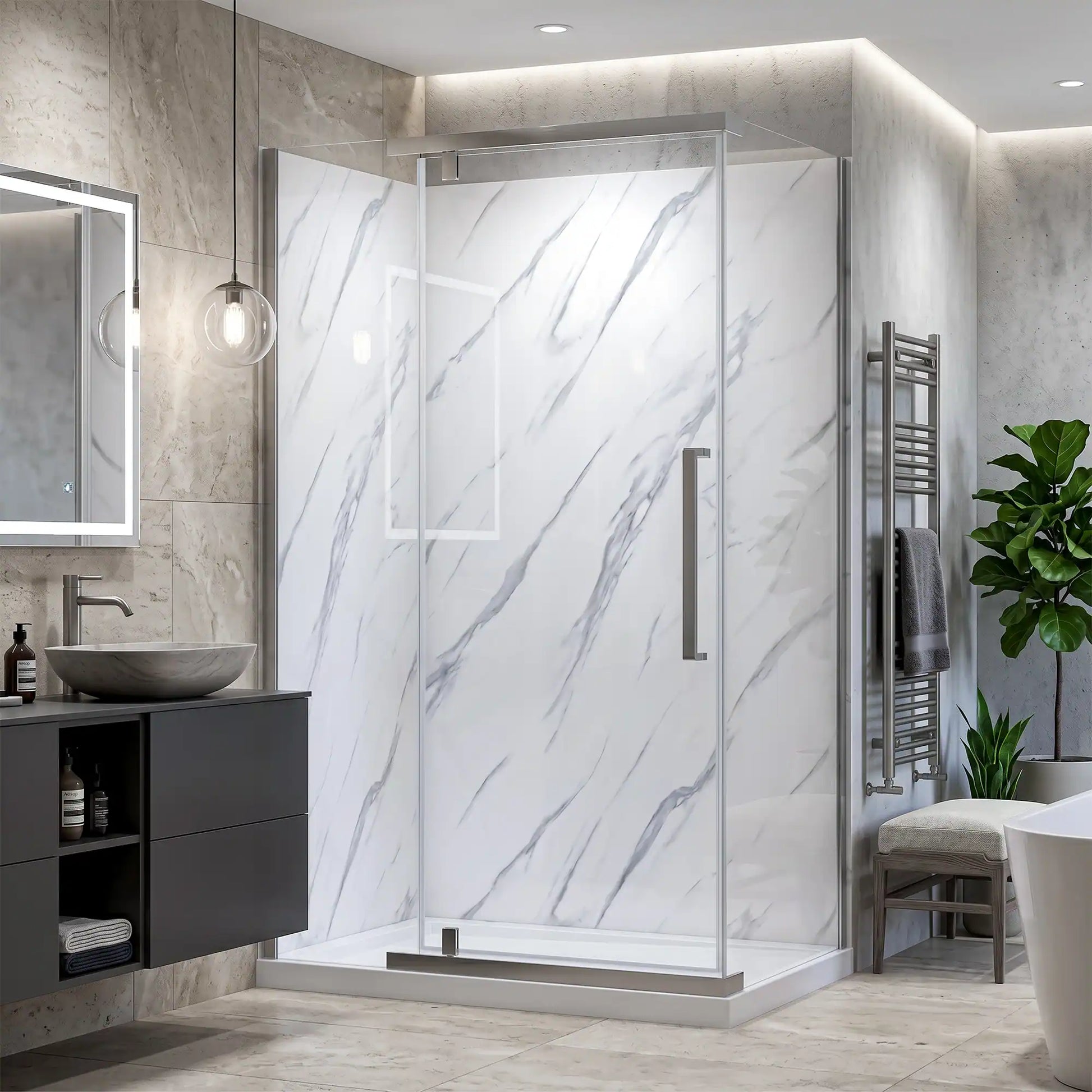 Modern bathroom with a shower enclosure, sink, and decorative elements.