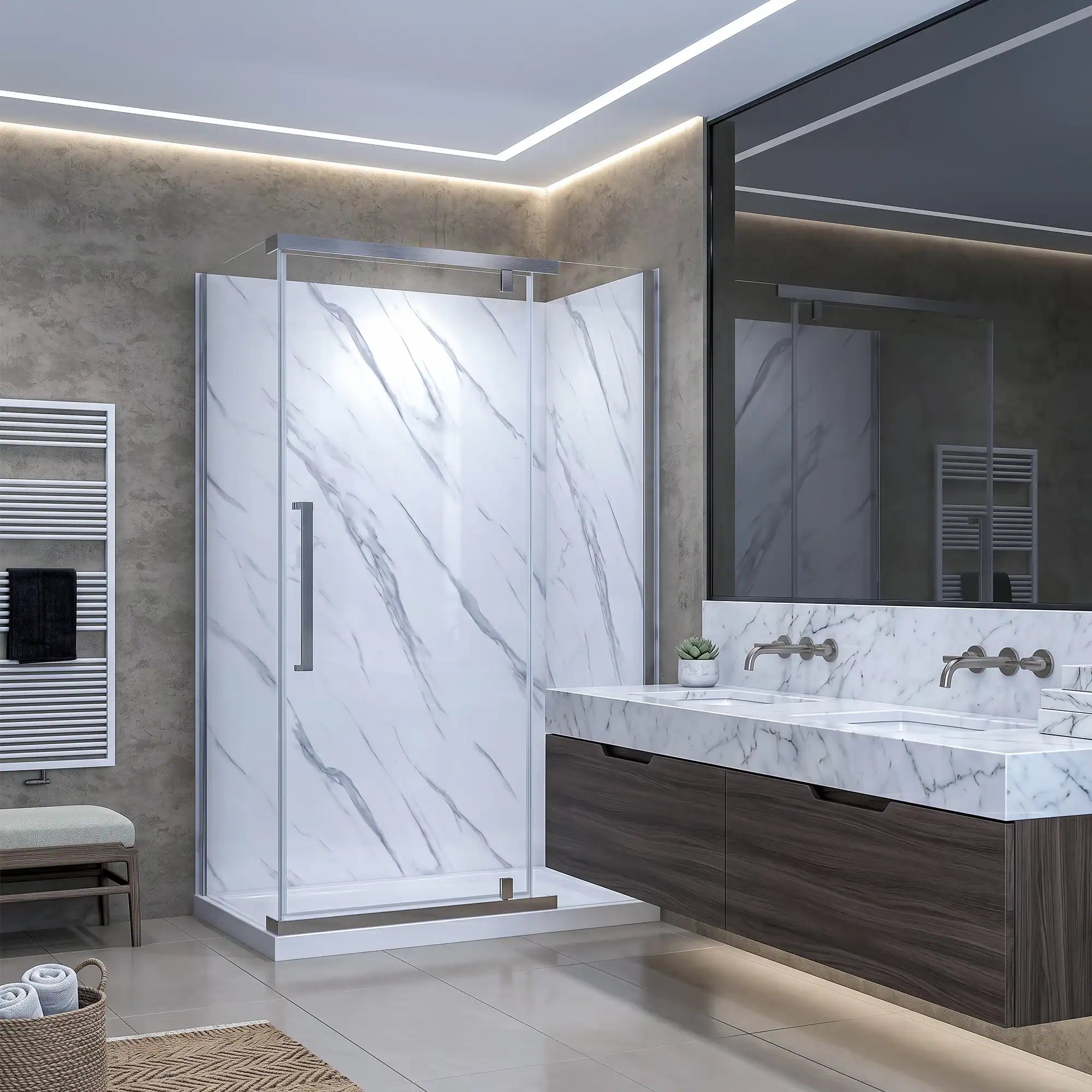 Modern bathroom with glass shower enclosure, marble countertop, and wooden vanity.
