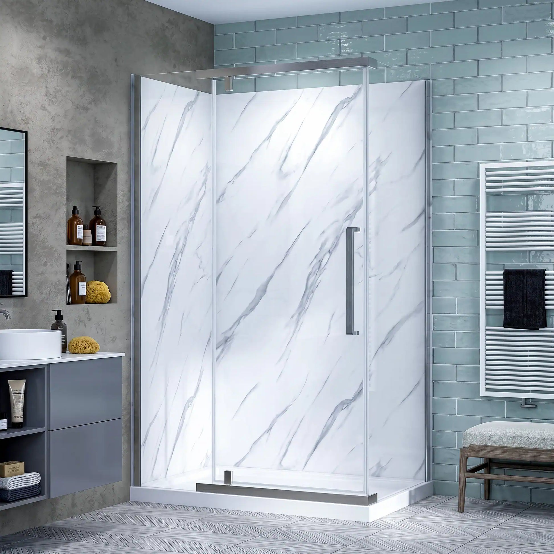 Modern bathroom with a marble-patterned shower enclosure.