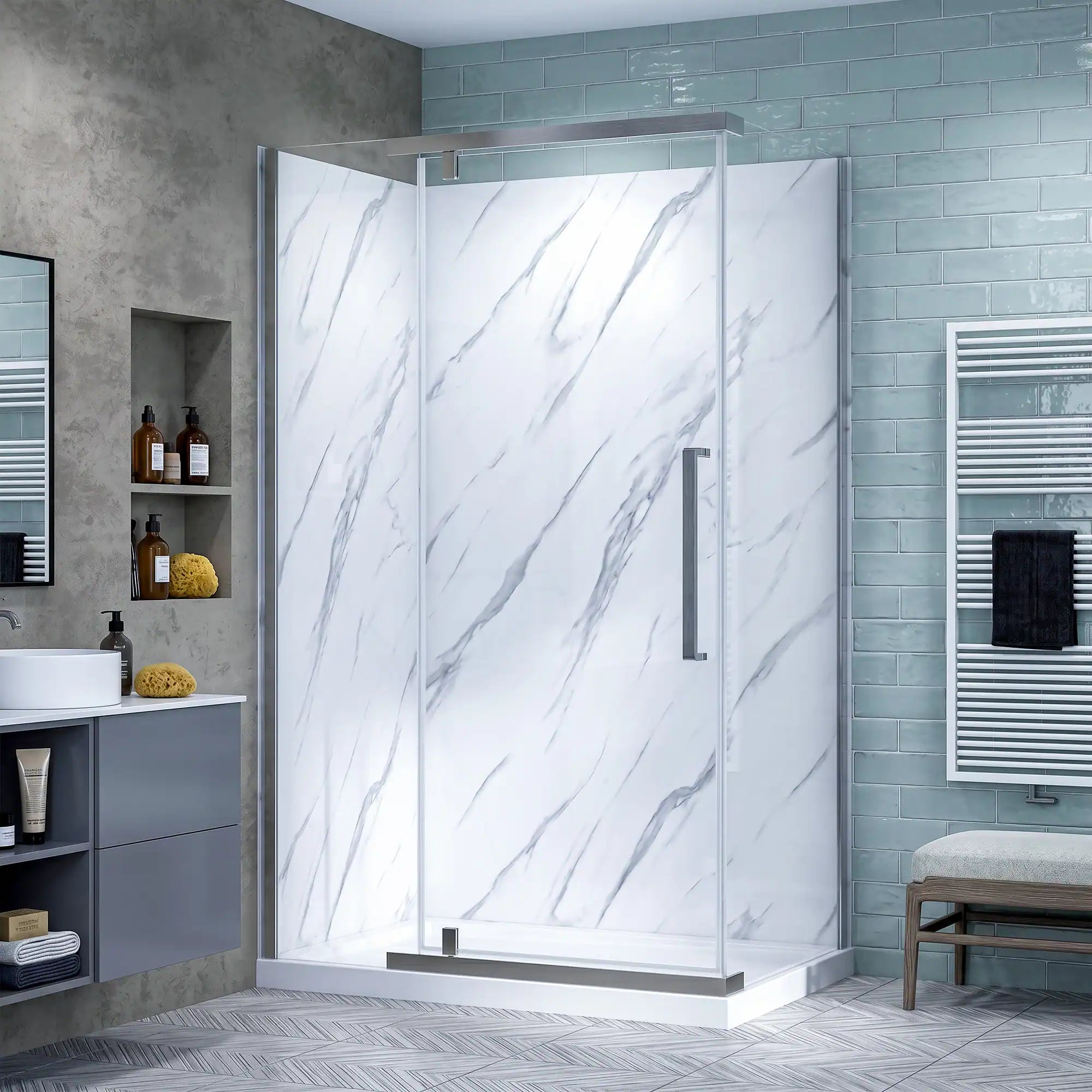 Modern bathroom with a marble-patterned shower enclosure.