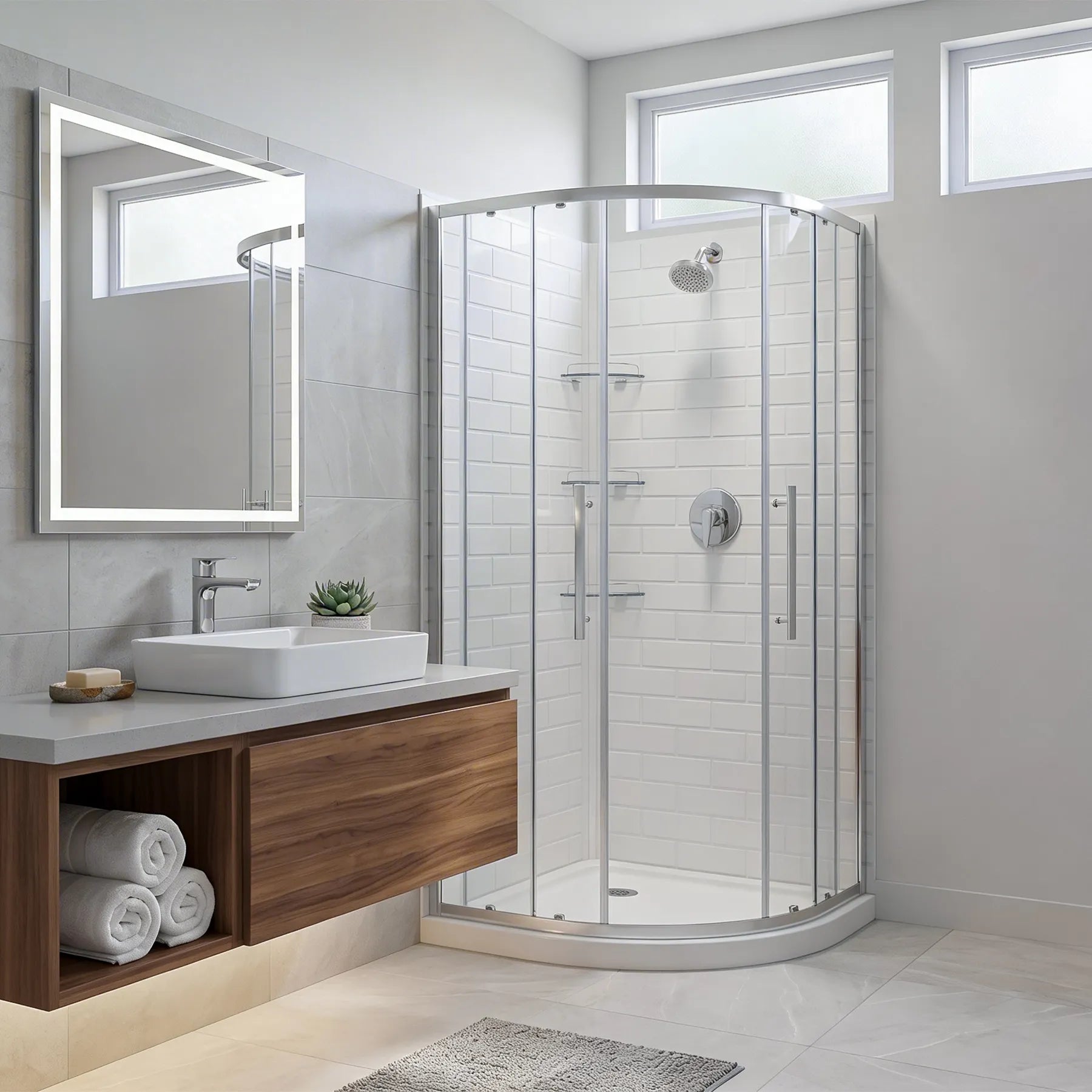 Modern bathroom with shower enclosure, sink, and wooden cabinet.