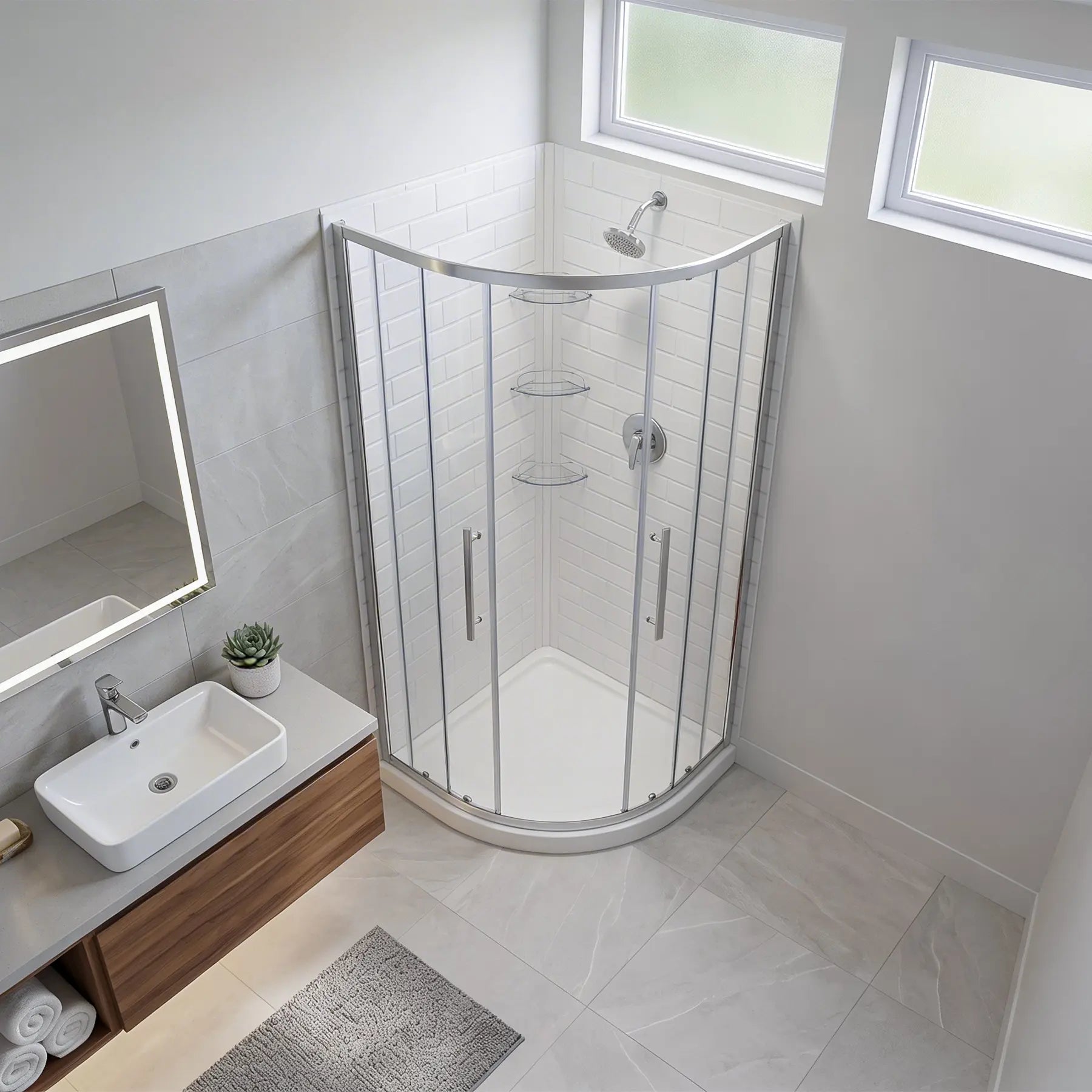 Bathroom with corner shower enclosure, sink, and mirror.