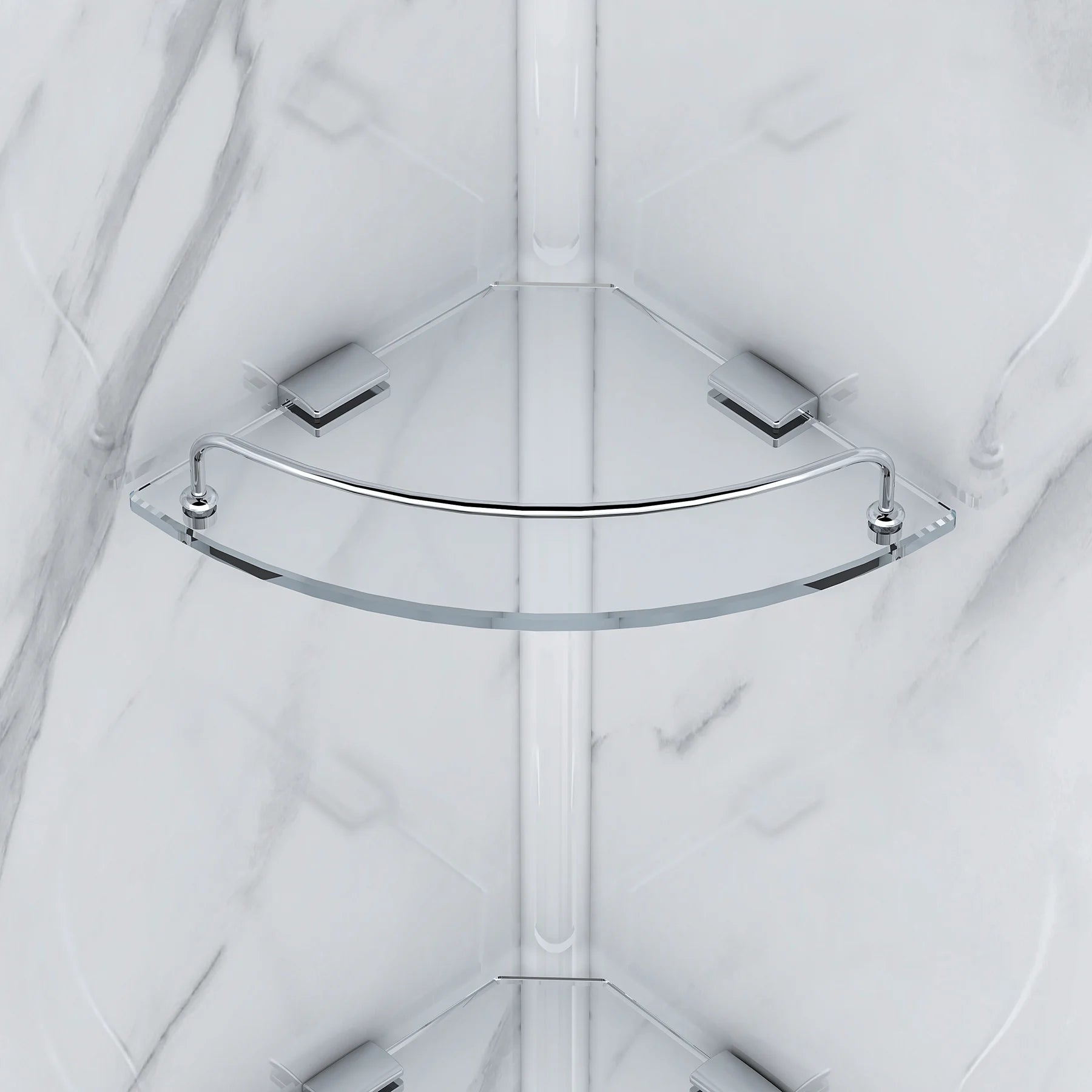 Chrome corner shower shelf mounted on a white tiled wall