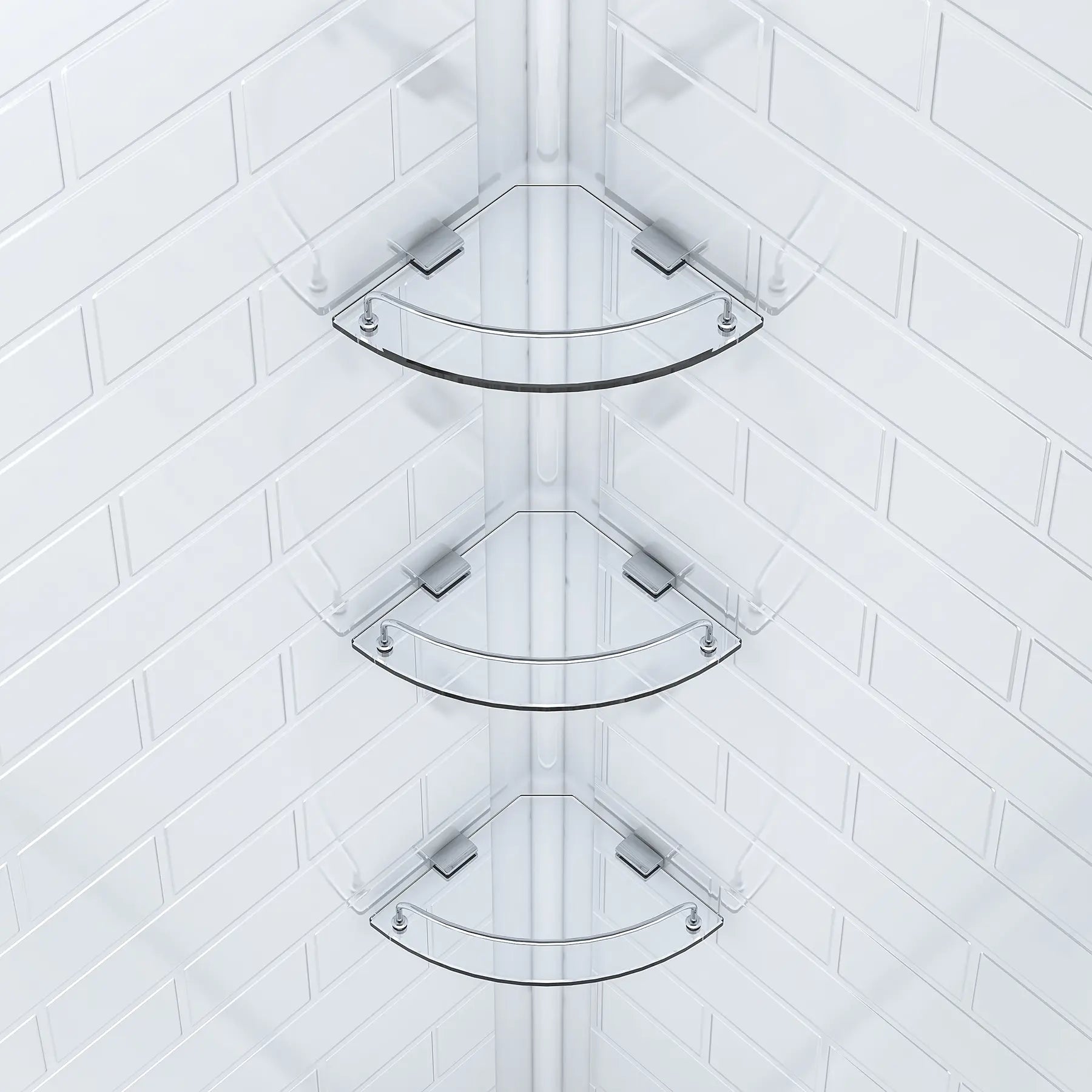 Set of three glass corner shelves against a white tiled wall.