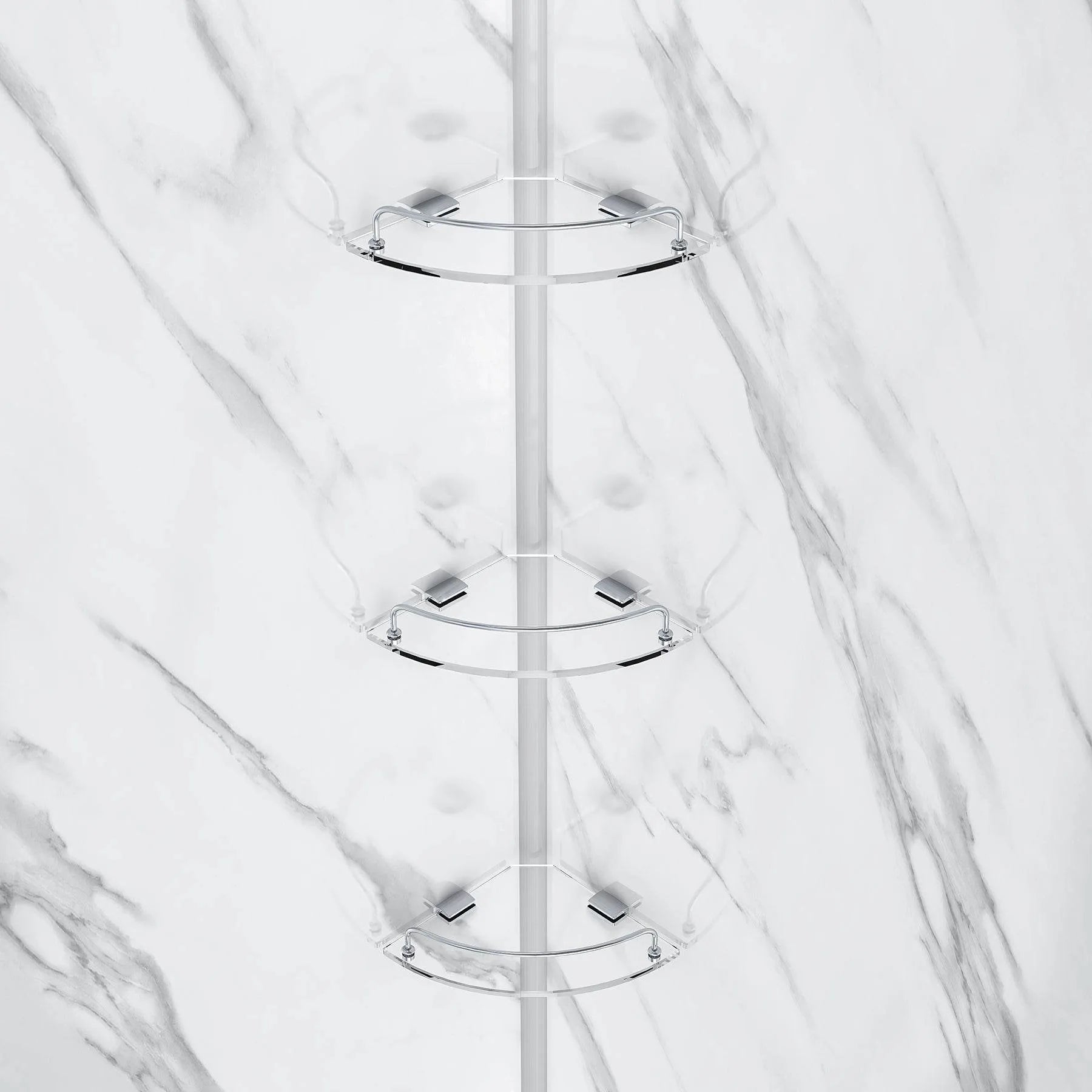 Corner shower caddy with three tiers on a marble background