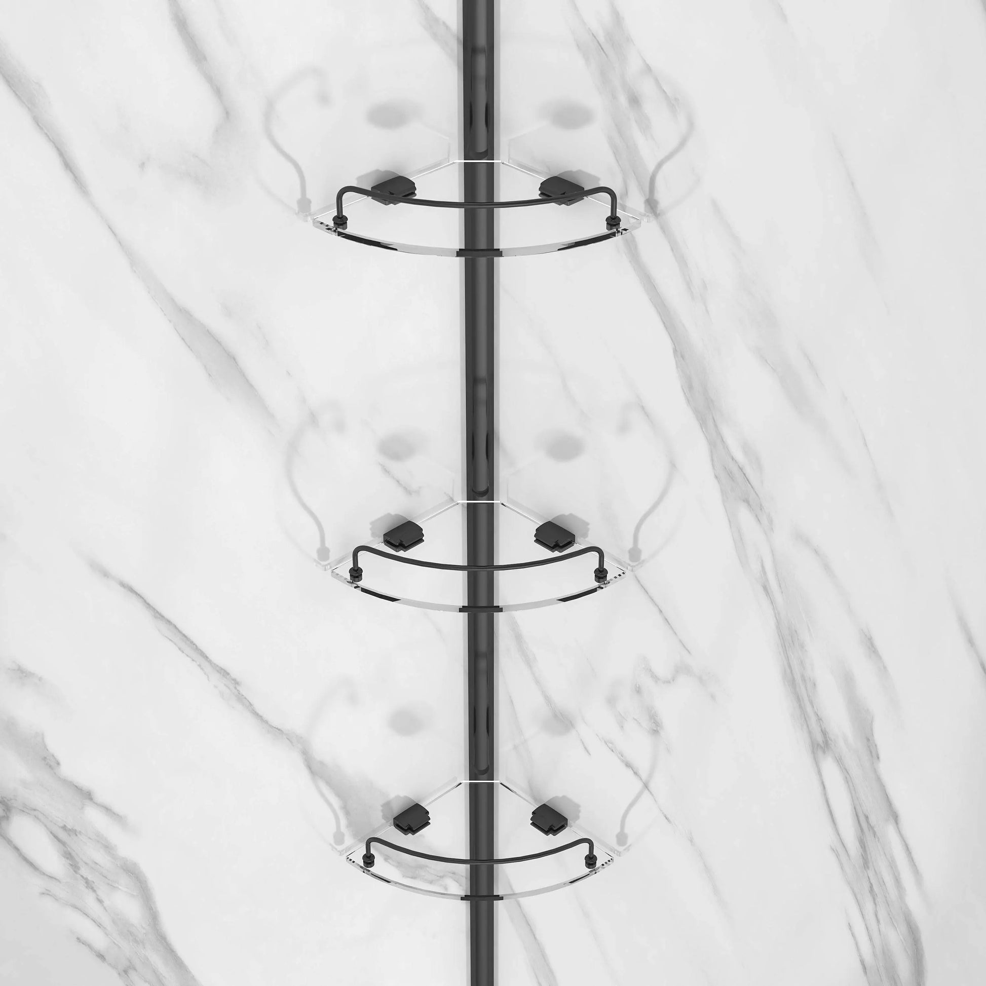 Black shower caddy with multiple hooks on a white marble background