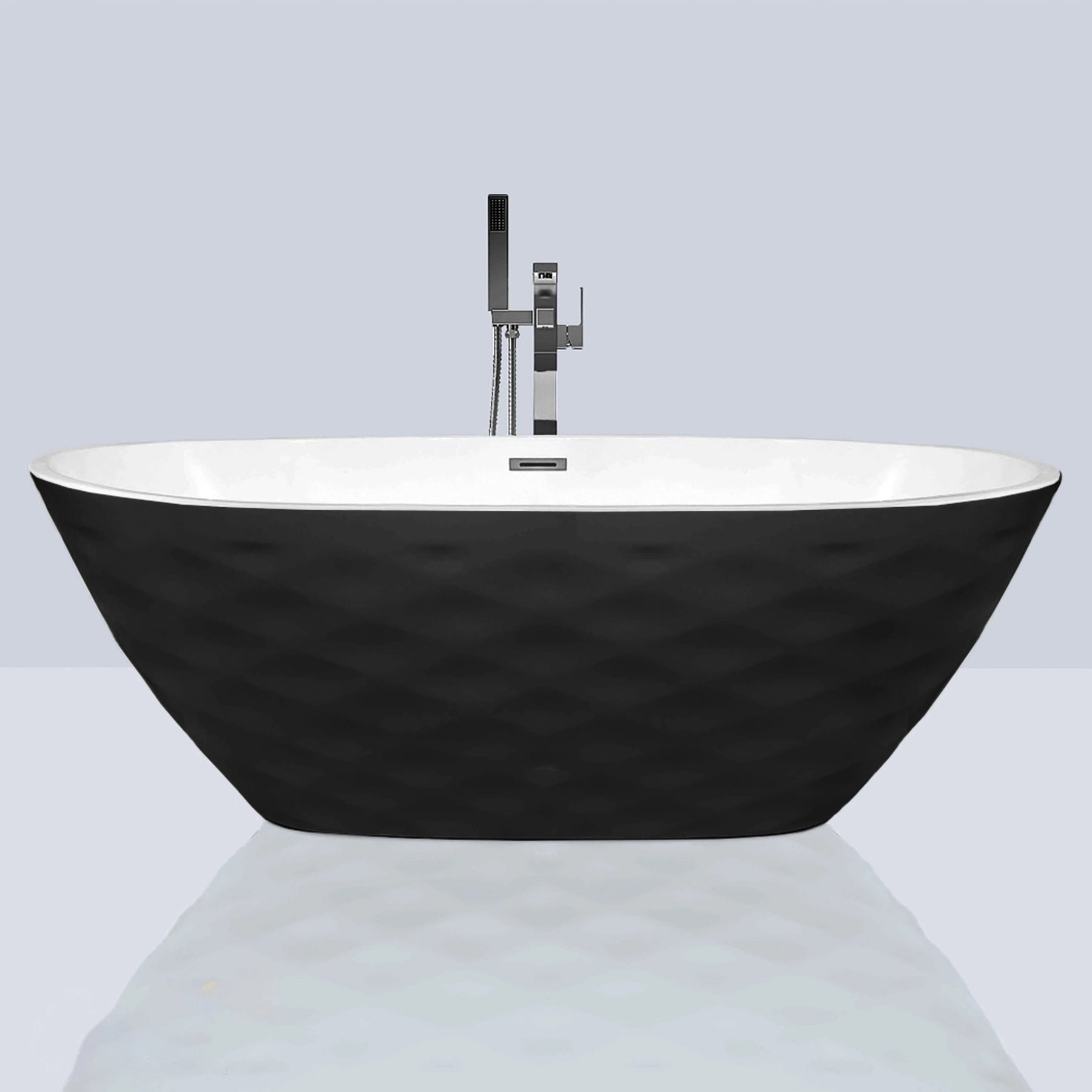 Corvino 67-inch Glossy Black Wavy Freestanding Acrylic Bathtub with modern chrome faucet, shown in a contemporary gray-tile bathroom.