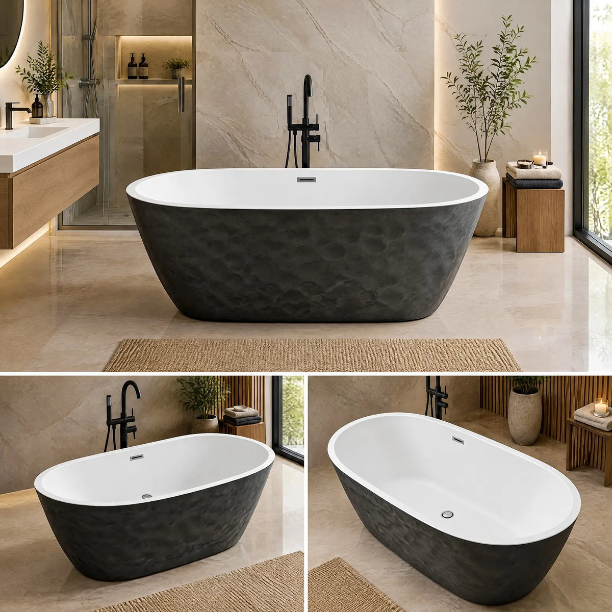 Three views of a freestanding oval bathtub with a dark textured exterior and white interior, shown in a modern bathroom setting.