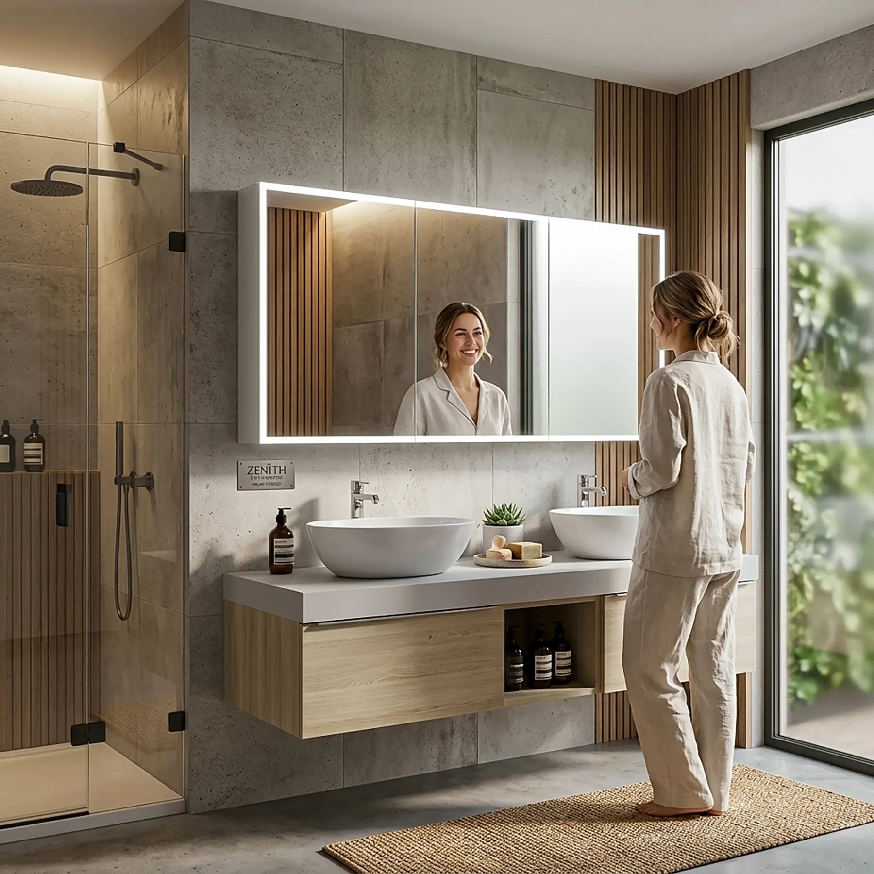Woman standing in a modern bathroom looking at herself in a large dhalia lighted medicine cabinet.