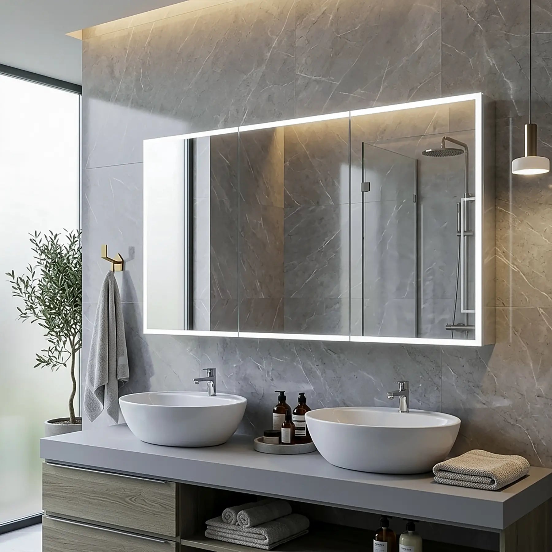 Modern bathroom with double sink vanity, illuminated led lighted dhalia medicine cabinet, and decorative elements.