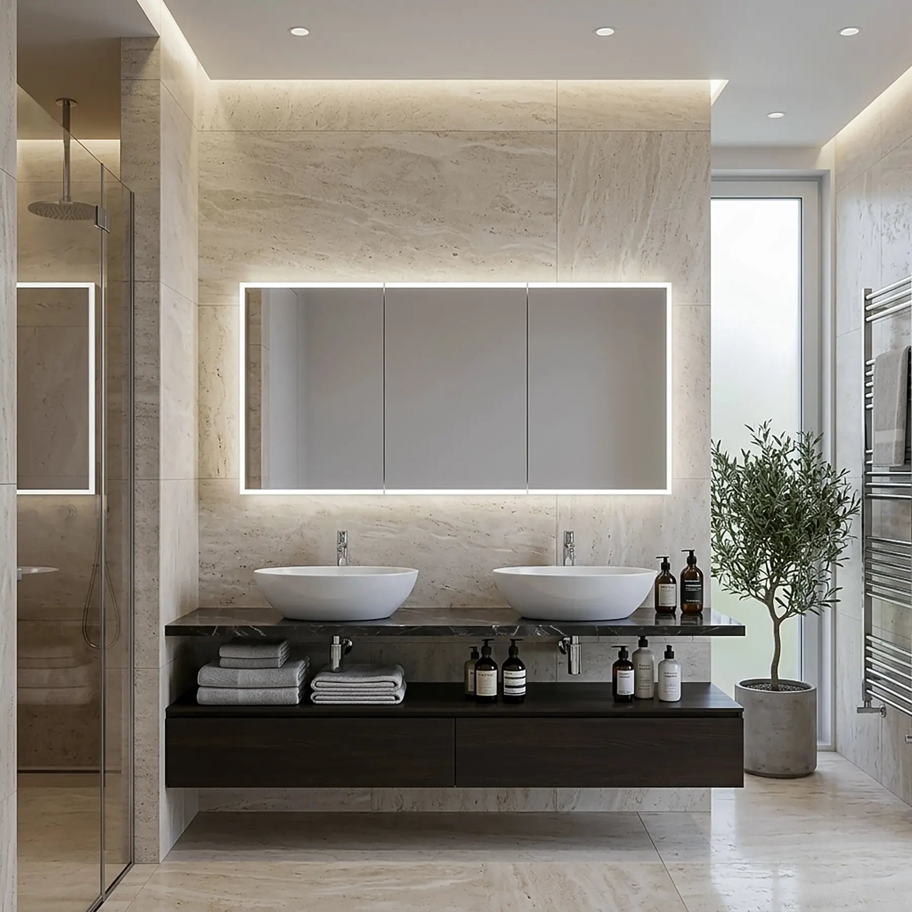 Modern bathroom with double sink vanity, illuminated dhalia led medicine cabinet, and decorative elements.