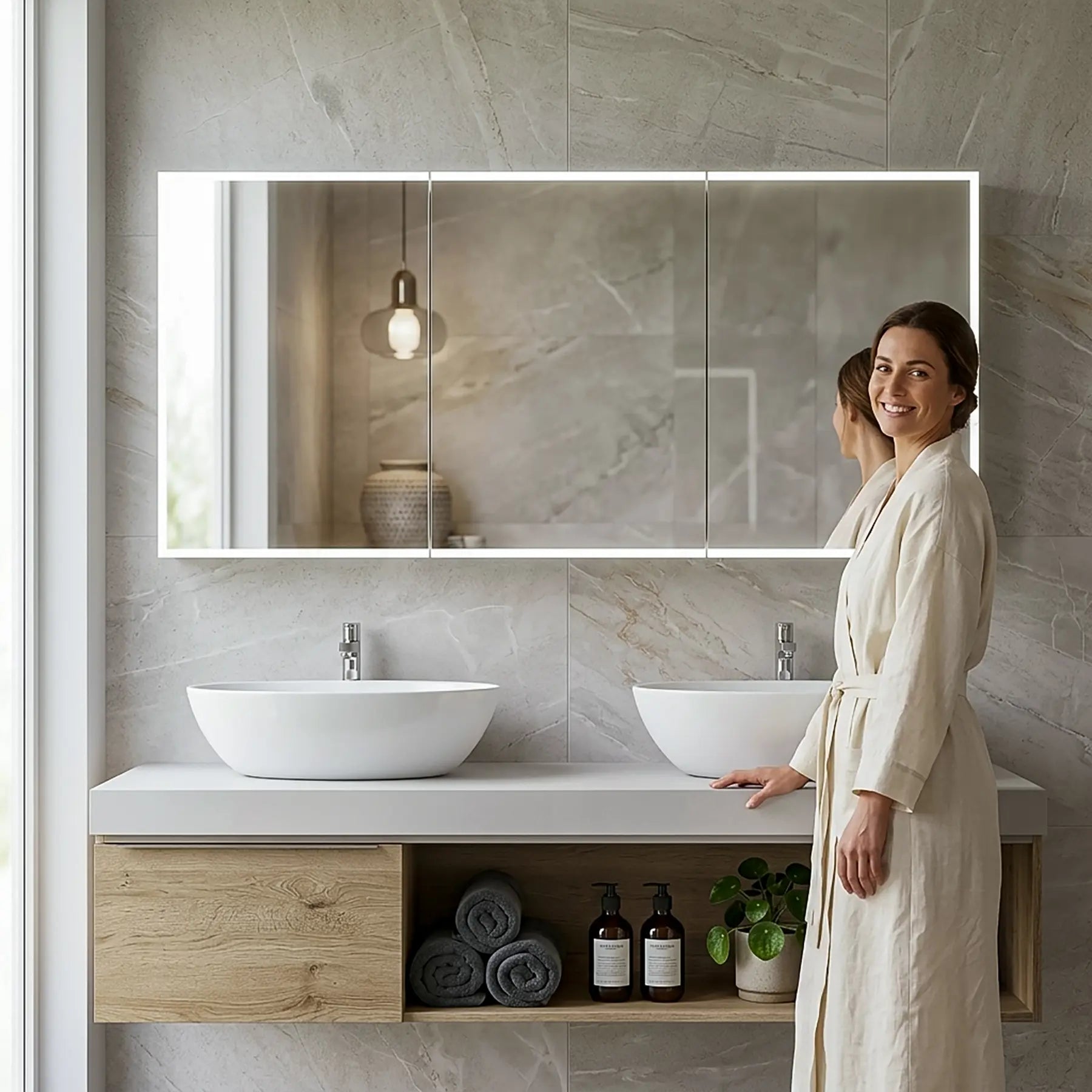 Woman in a robe standing in a modern bathroom with a large dhalia led medicine cabinet and double sink.