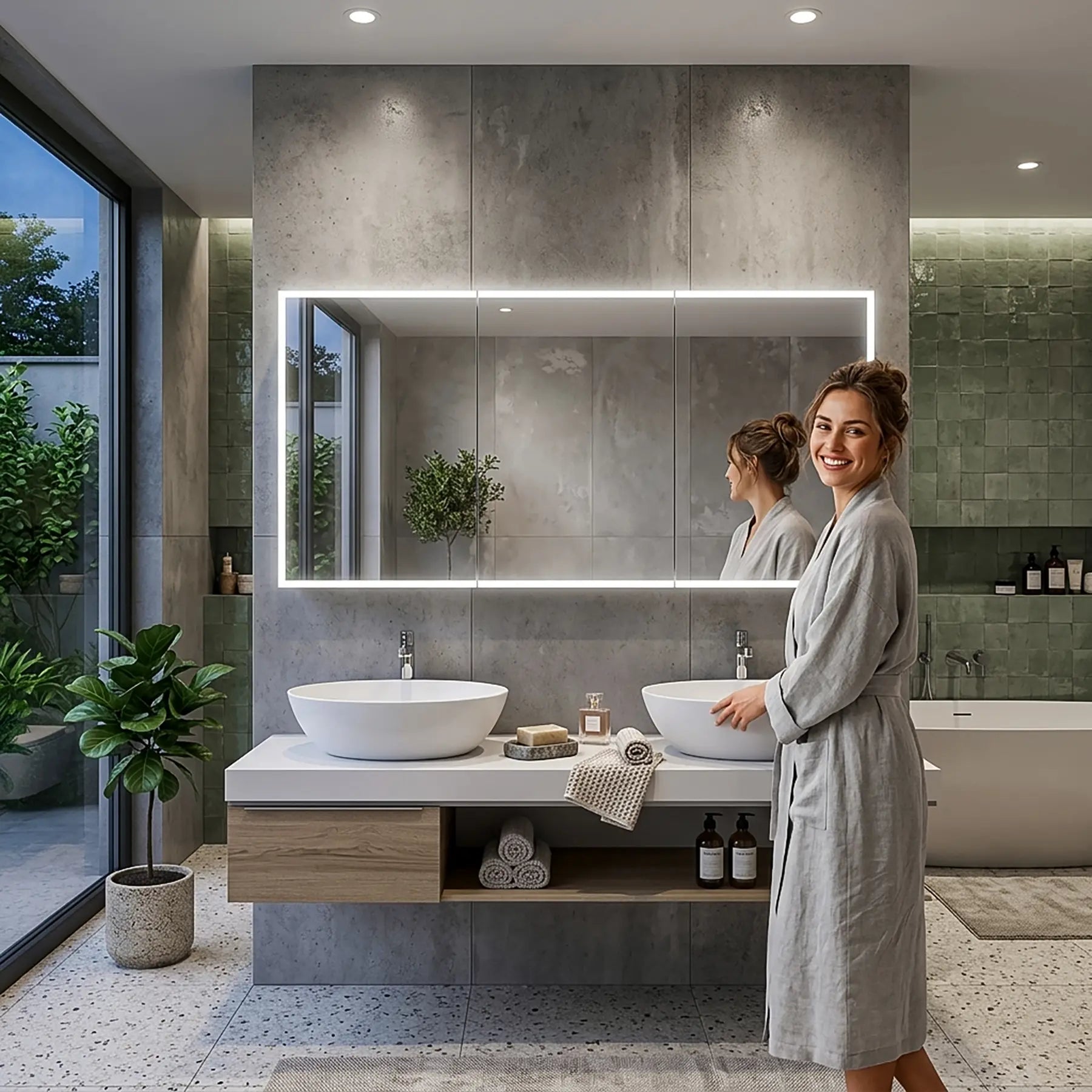 Woman in a gray robe standing in a modern bathroom with a large dhalia led medicine cabinet.
