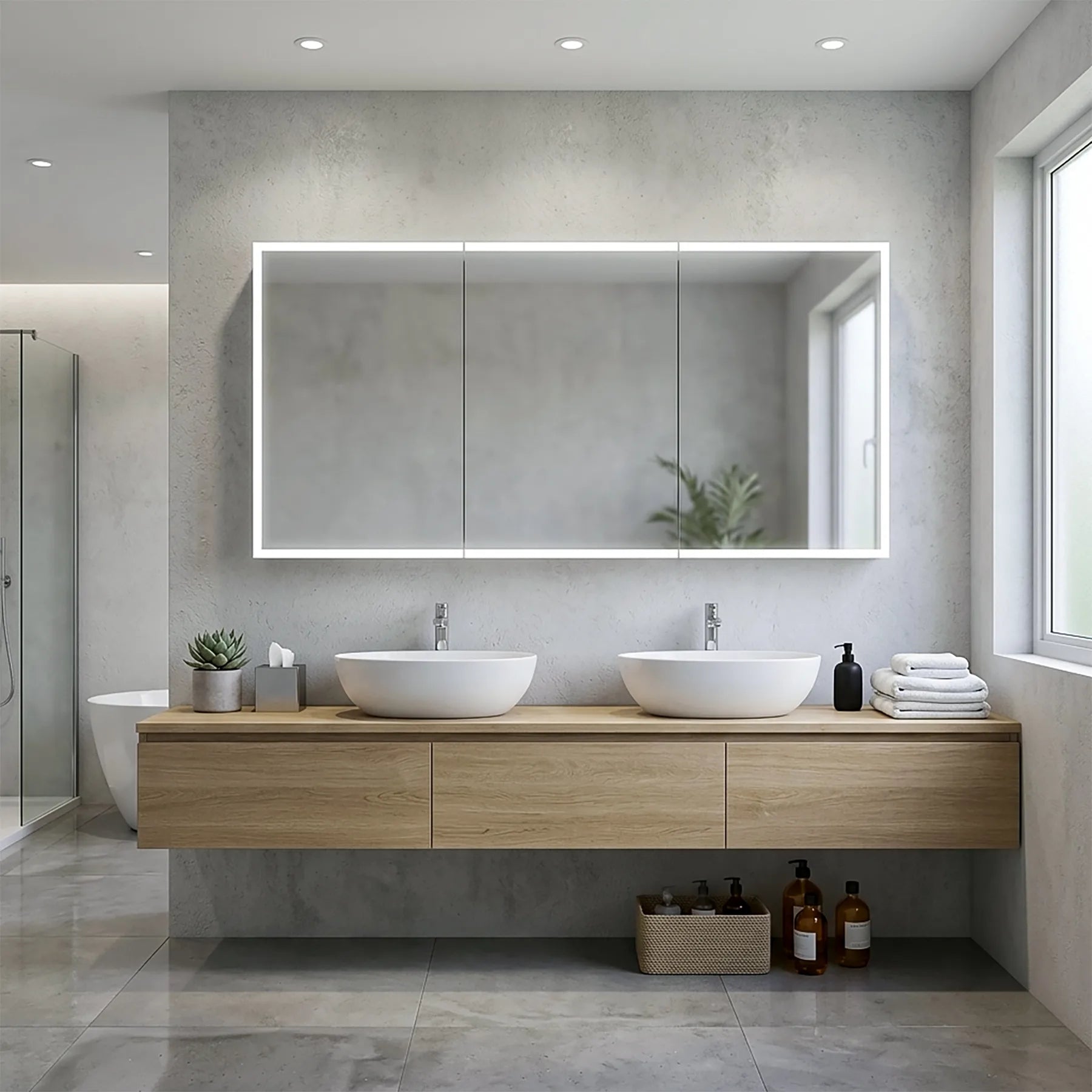 Modern bathroom with double sink vanity and large medicine cabinet.