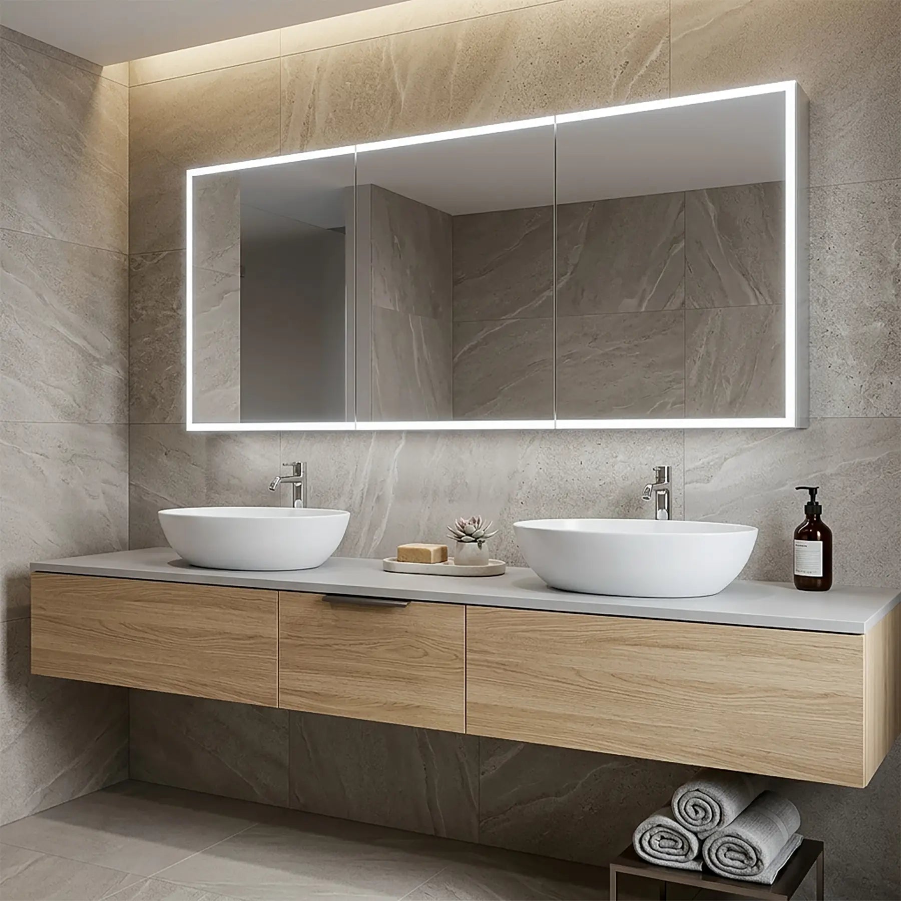Modern bathroom with double sink vanity and large medicine cabinet.