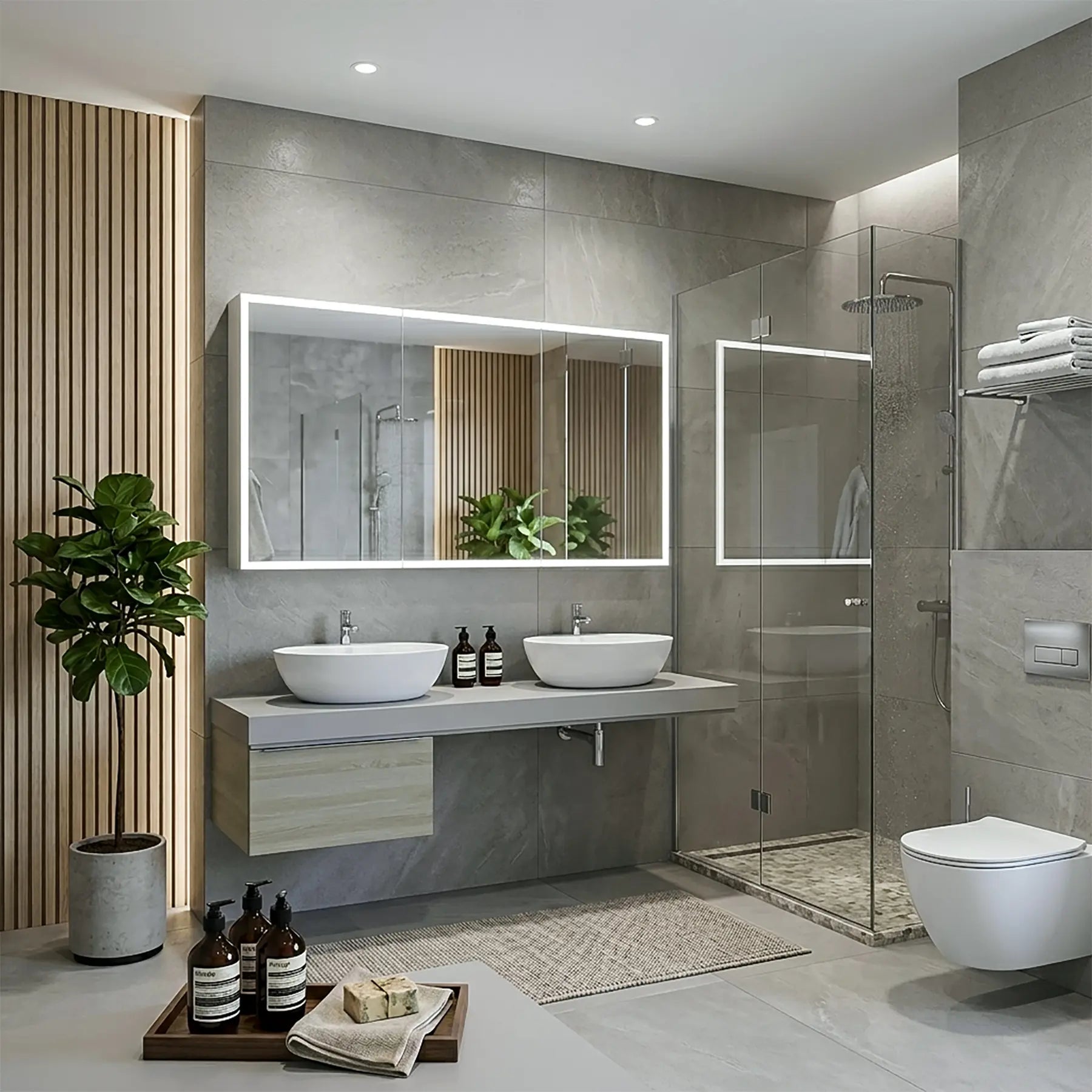 Modern bathroom with double sink, led medicine cabinet, and shower.