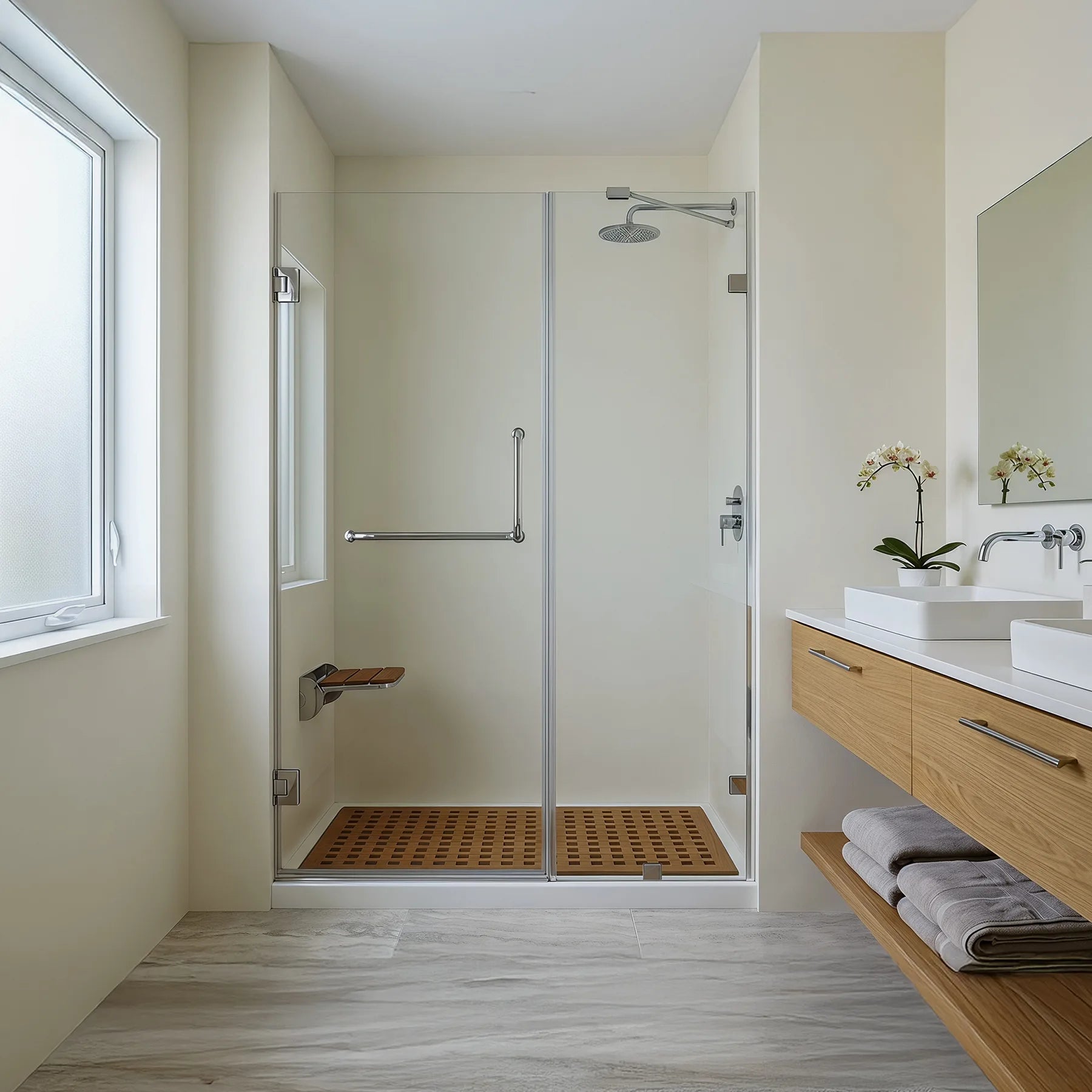 Modern bathroom with shower, sink, and wooden vanity