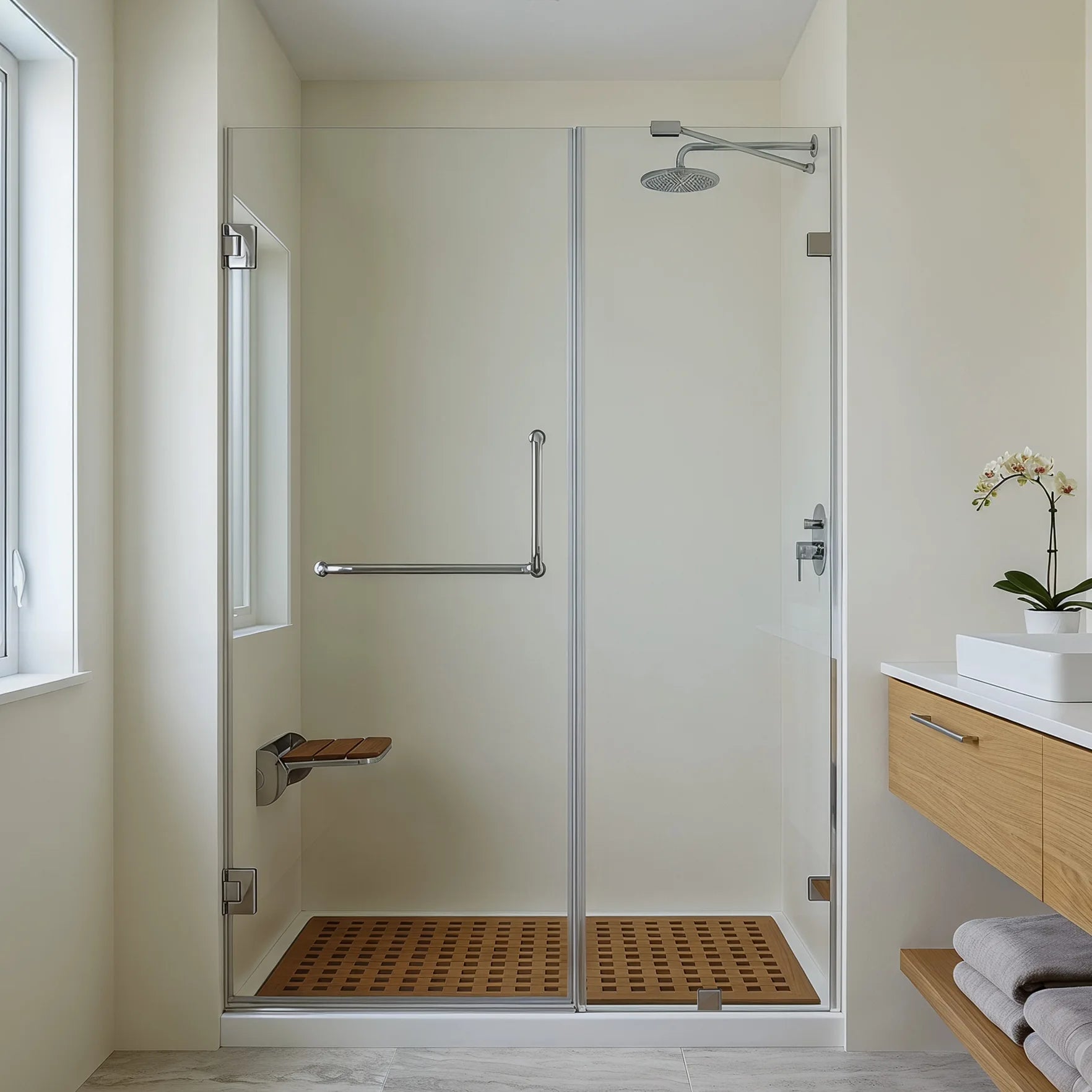 Modern bathroom with a glass shower enclosure, wooden bench, and sink.