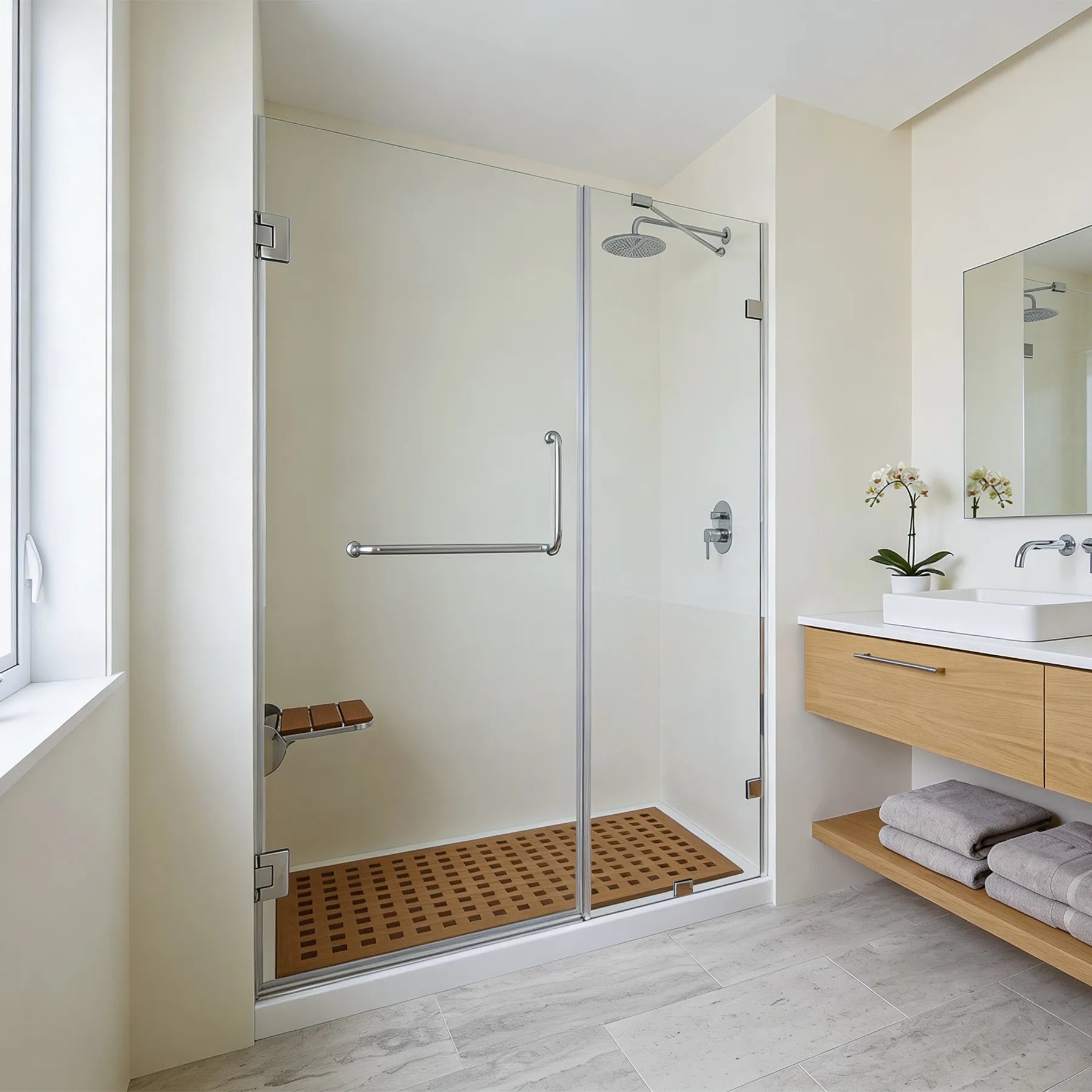 Modern bathroom with a glass shower enclosure, wooden vanity, and towels.