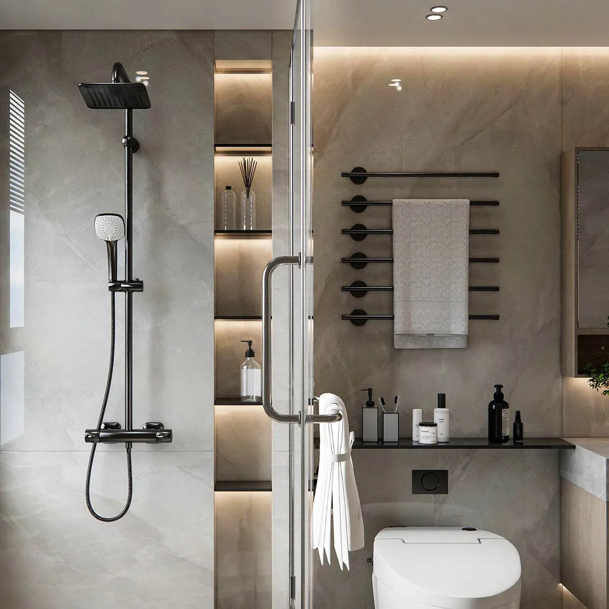 Modern bathroom with a frameless hinged glass shower door, matte black shower system, and a wall-mounted toilet. The shower area features built-in niches with warm LED backlighting and a matte black heated towel rack on the adjacent wall.