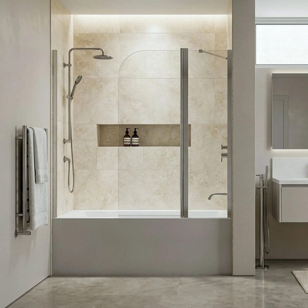 Dreamwerks - Tub Door - Dreamwerks 43"W x 59"H Frameless Pivot Tub Door in Chrome - Available in Clear or Frosted Glass - Clear Glass / Right Side Installation - BT236A(R)