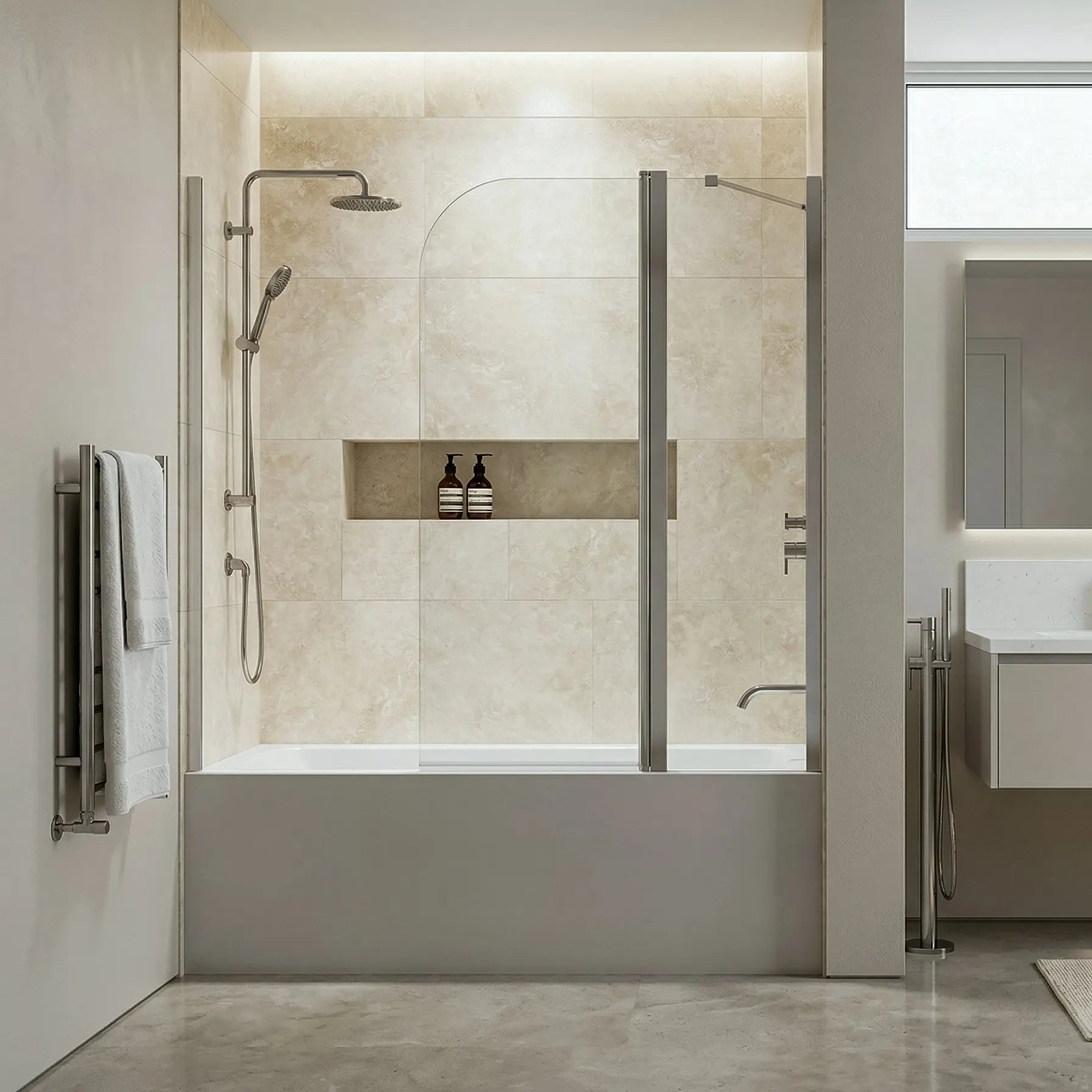 Modern bathroom with shower enclosure, towel rack, and sink.