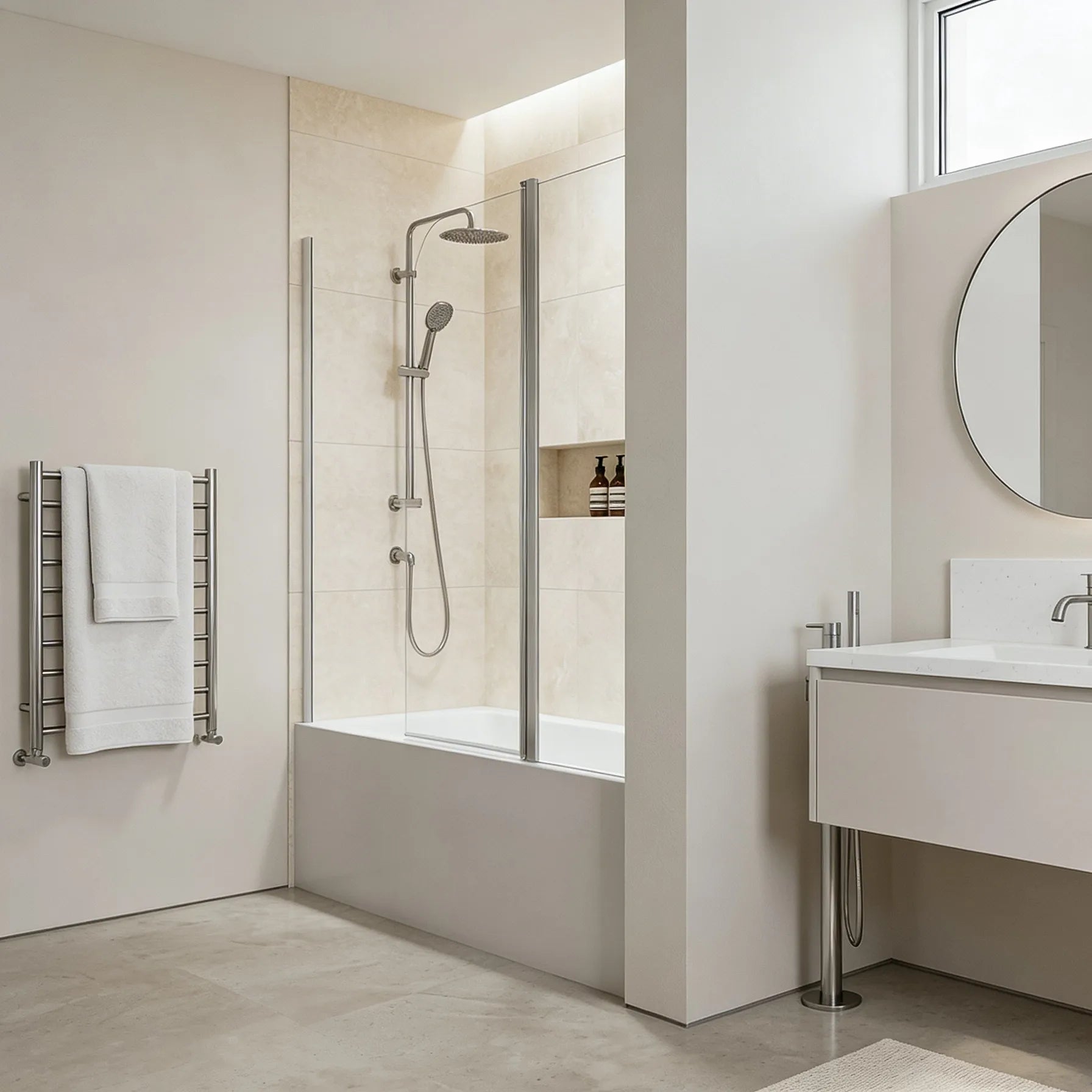 Modern bathroom with shower, sink, and towel rack.