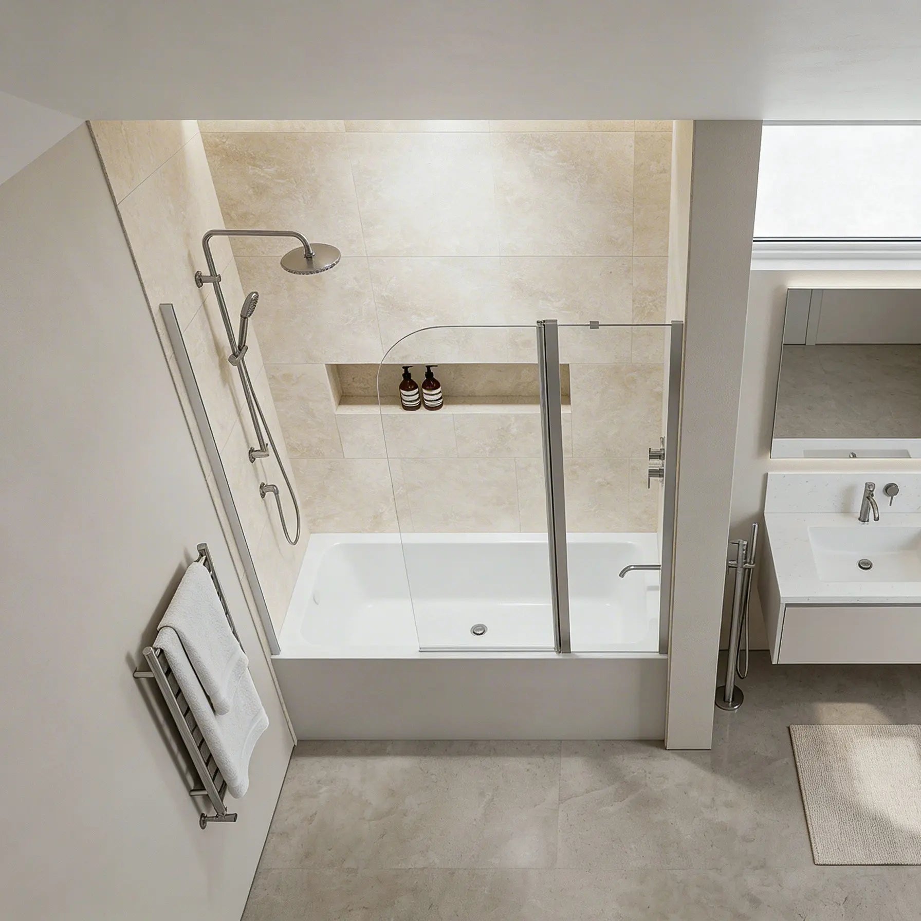 Modern bathroom with bathtub, shower, and sink.