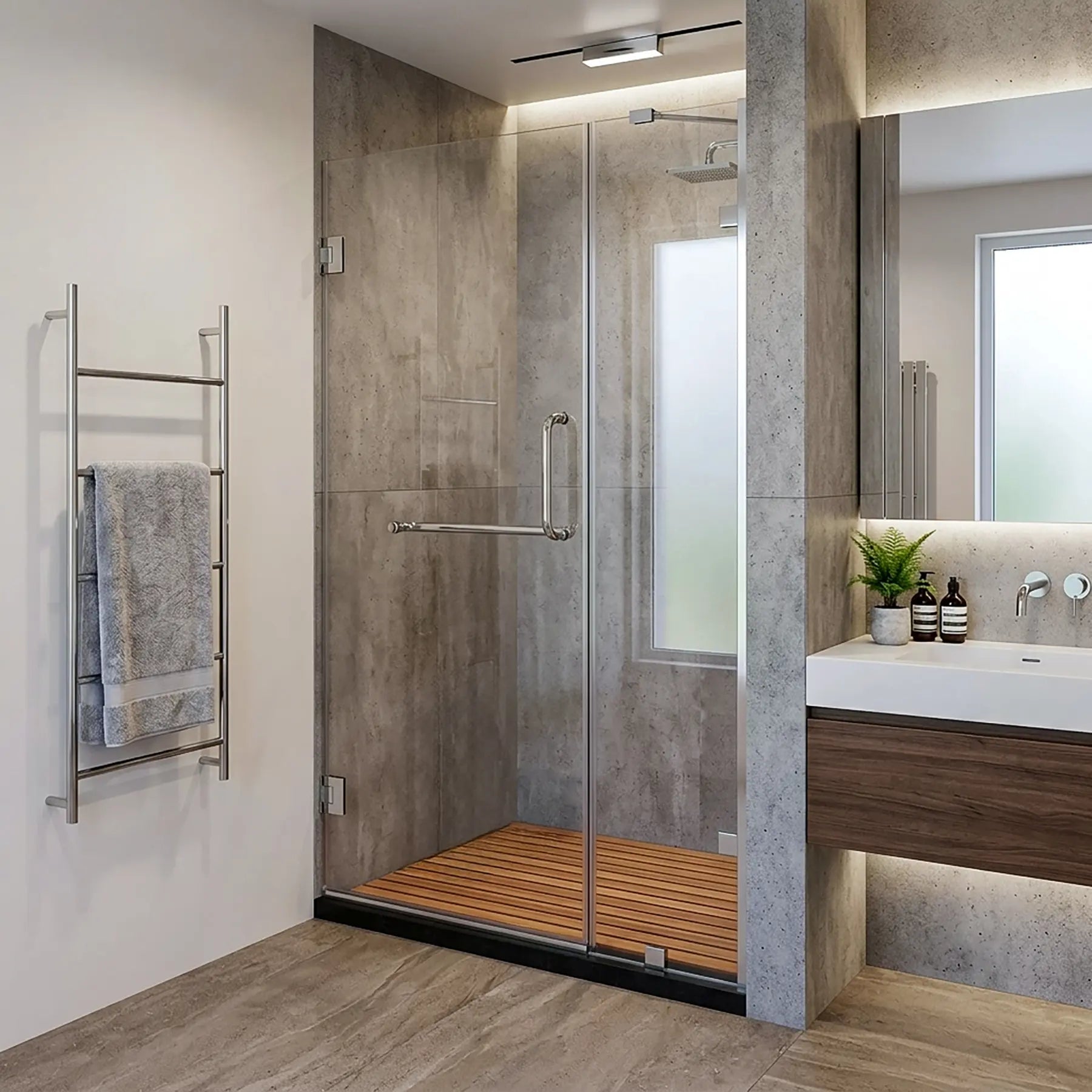 Modern bathroom with shower enclosure, towel rack, and sink area.
