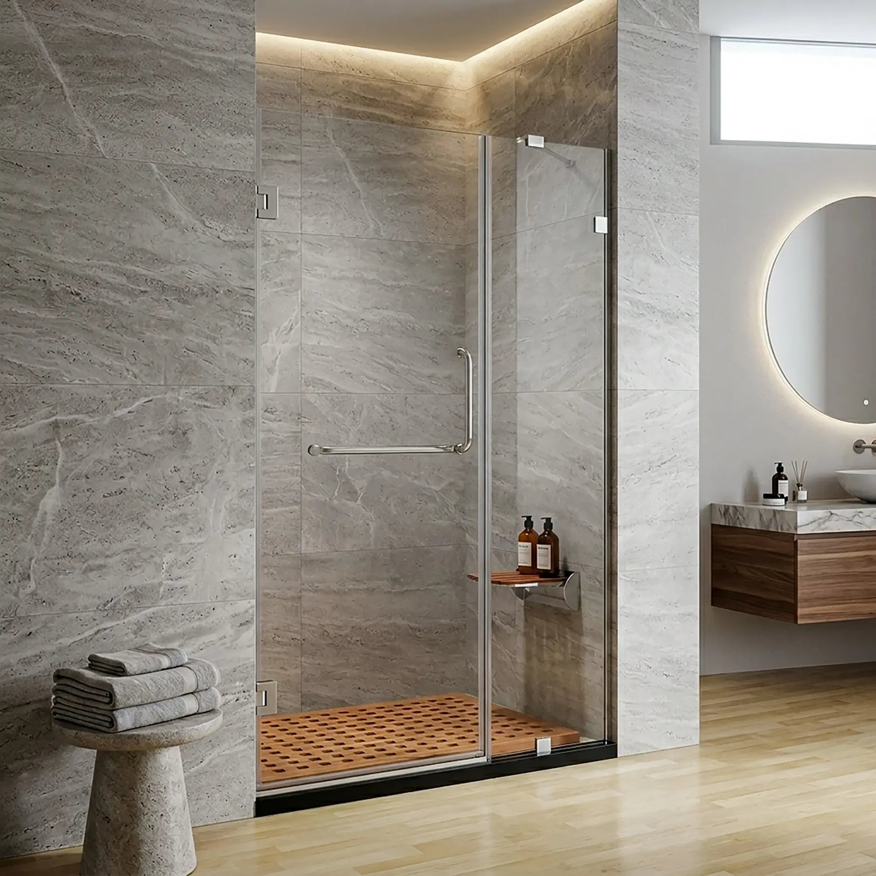 Modern bathroom with glass shower enclosure, stone wall, and wooden vanity.