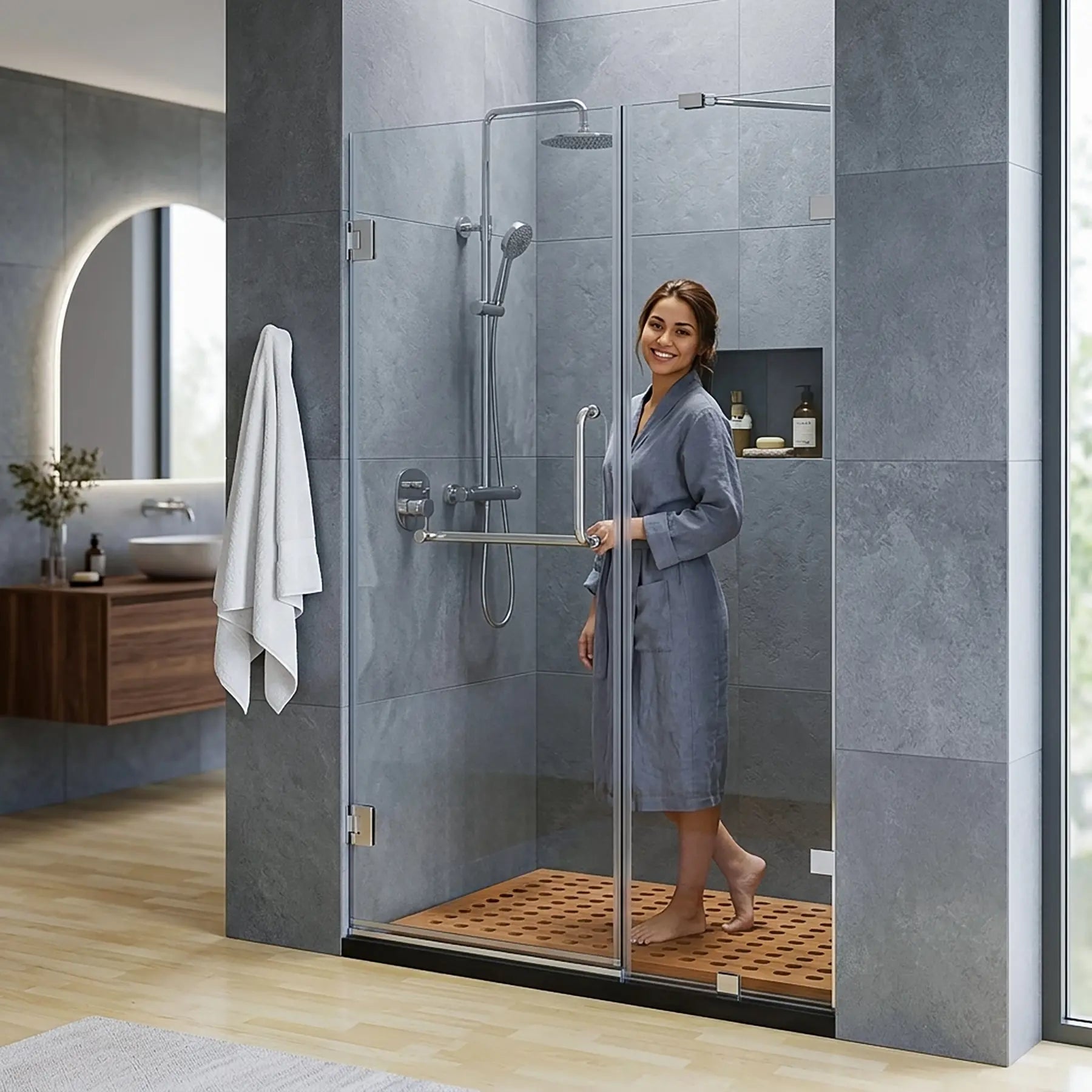 Woman in a gray robe standing in a modern shower with glass door.