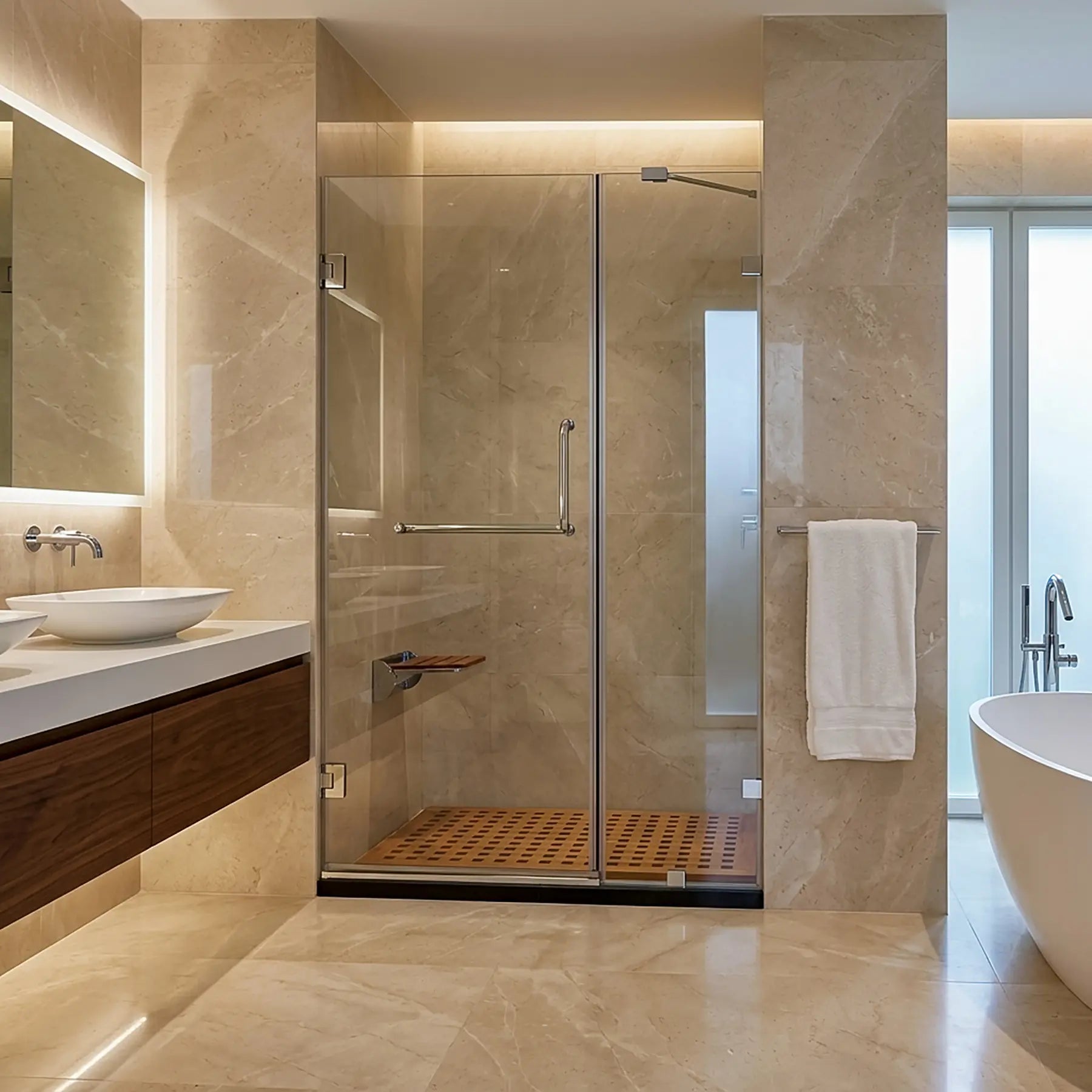 Modern bathroom with a 60-inch frameless clear glass shower enclosure, wooden floor, and marble walls.