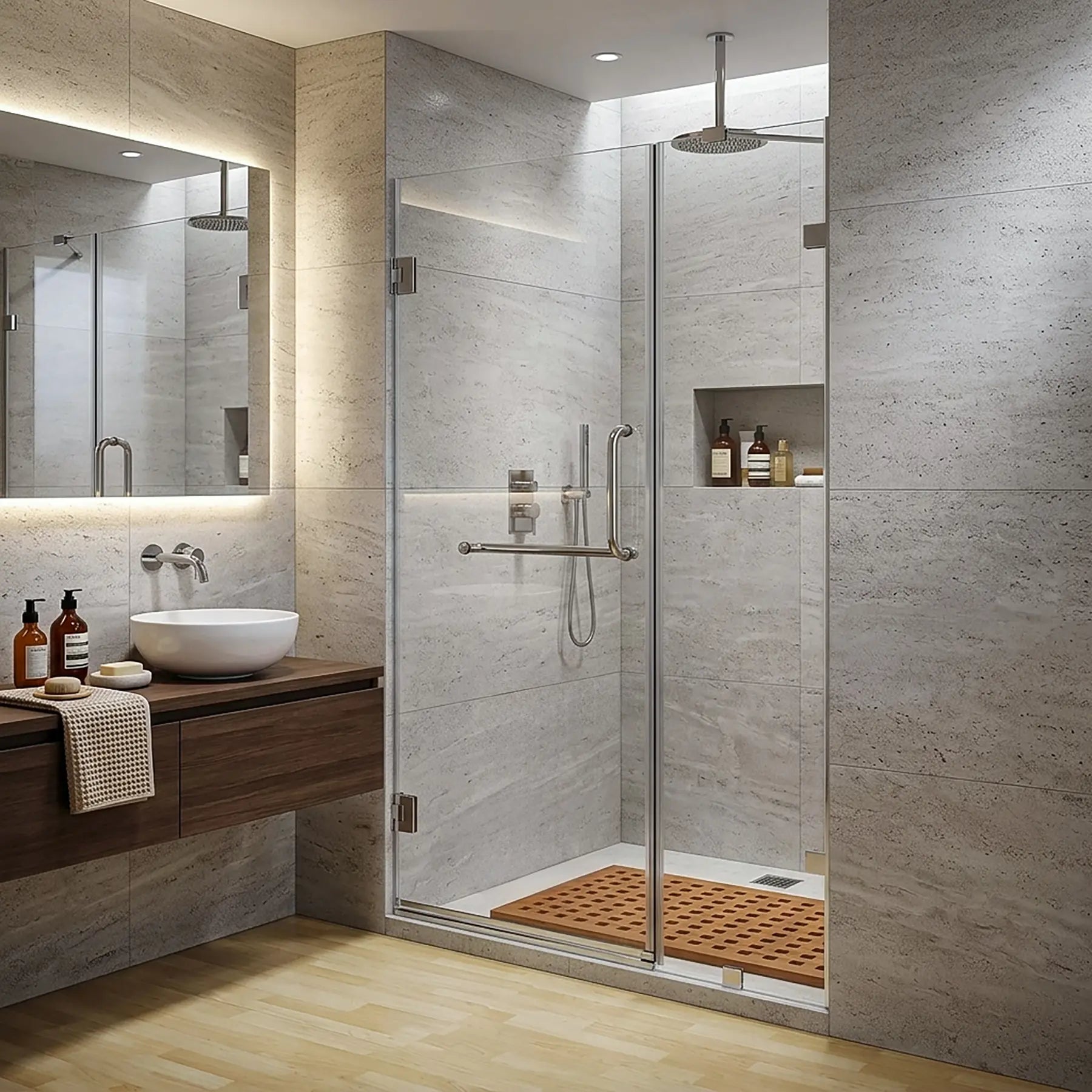 Modern bathroom with shower area and frameless 60 inch shower door, sink, and wooden vanity.