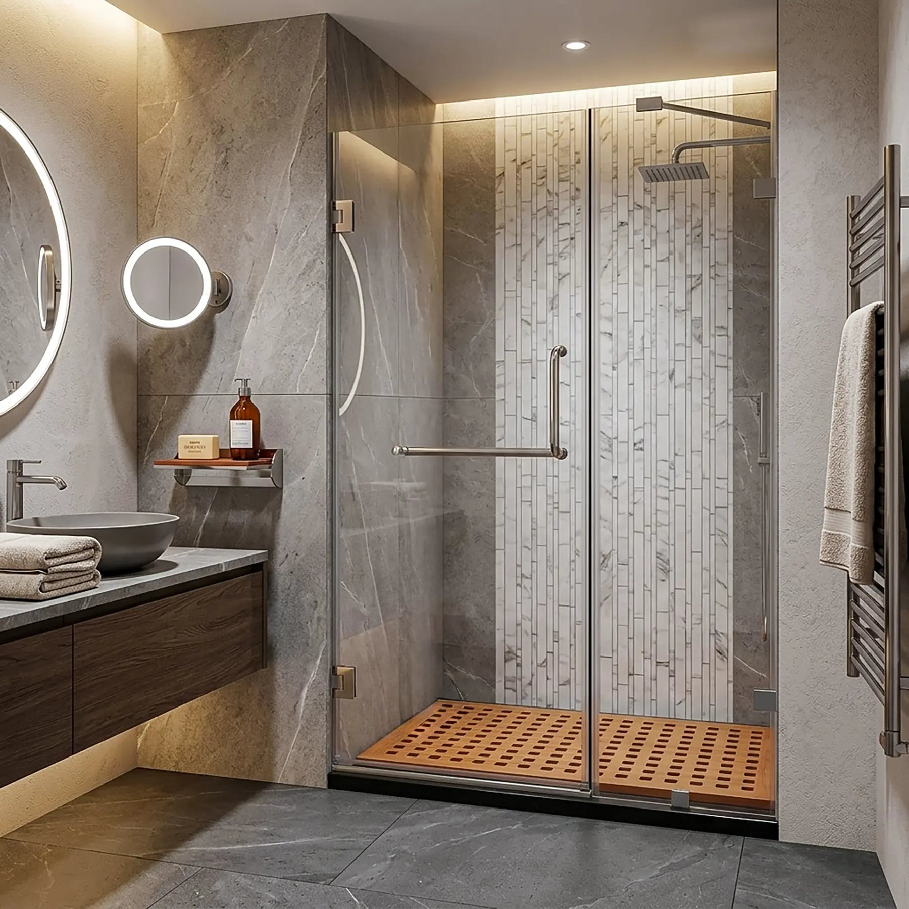 Modern bathroom with shower enclosure, sink, and towel rack.