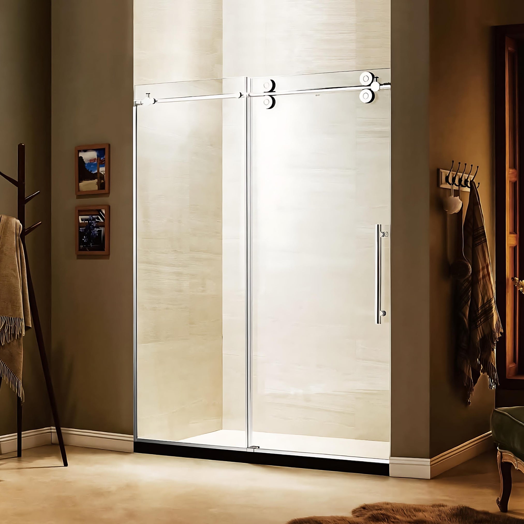 Apollo 60 in. W x 79 in. H Frameless Double Roller Shower Door in Stainless Steel