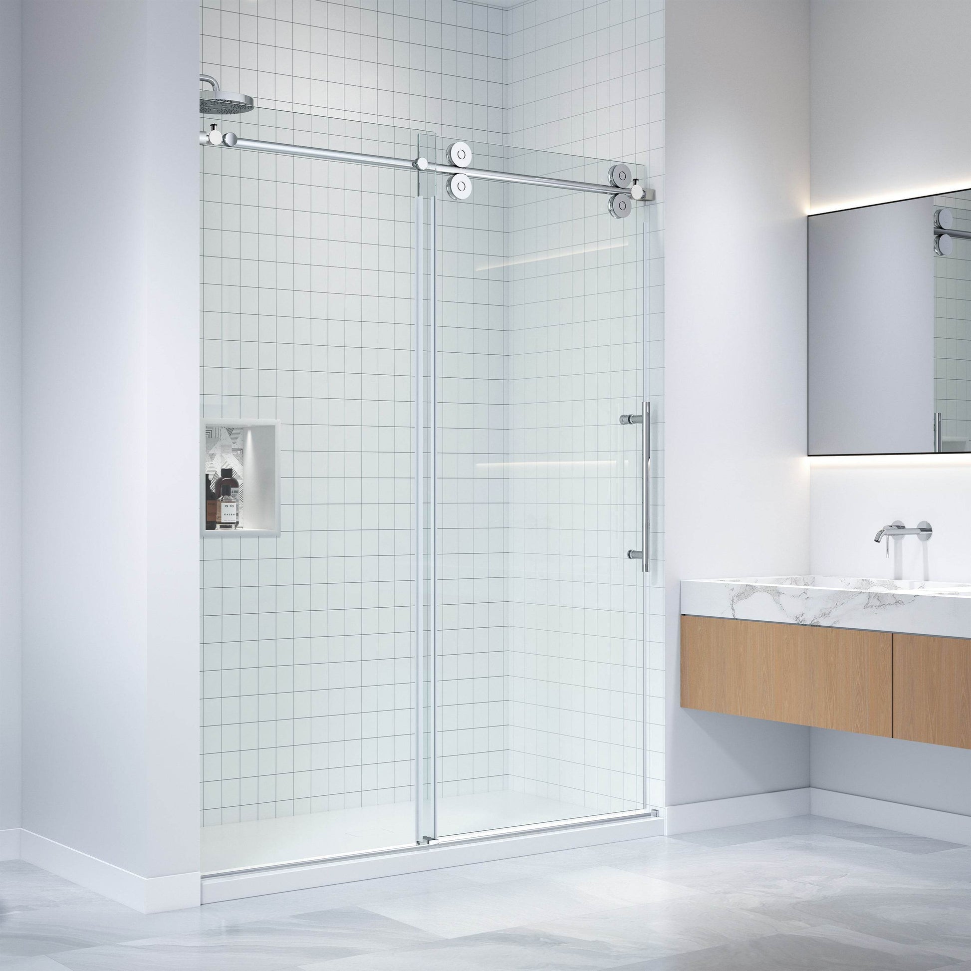 Apollo 60 in. W x 79 in. H Frameless Double Roller Shower Door in Stainless Steel - Dreamwerks