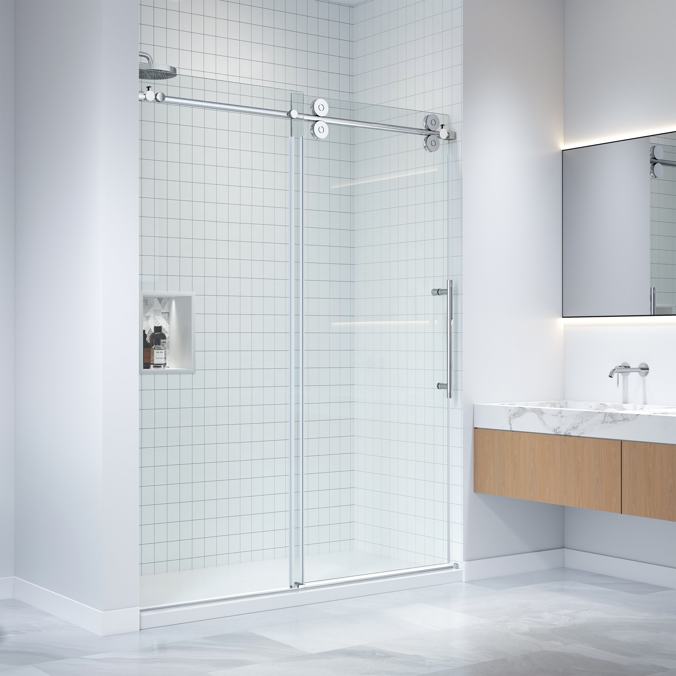 Apollo 60 in. W x 79 in. H Frameless Double Roller Shower Door in Stainless Steel