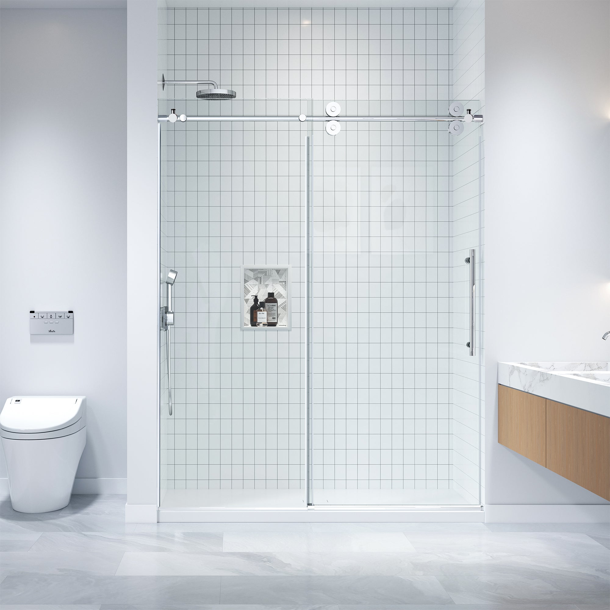 Apollo 60 in. W x 79 in. H Frameless Double Roller Shower Door in Stainless Steel