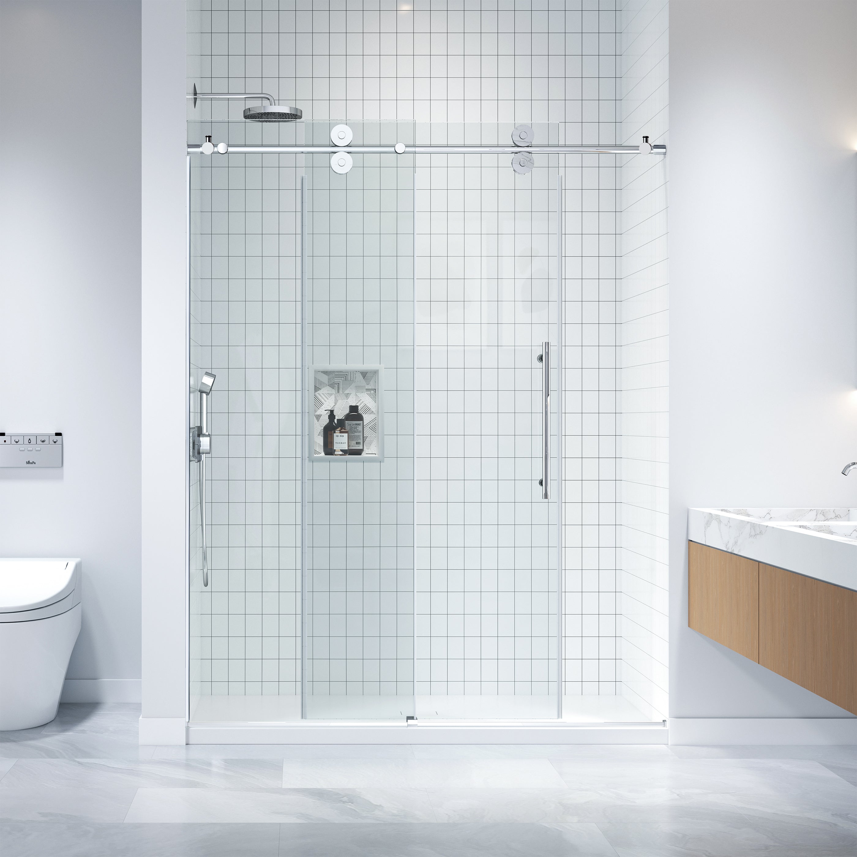 Apollo 60 in. W x 79 in. H Frameless Double Roller Shower Door in Stainless Steel