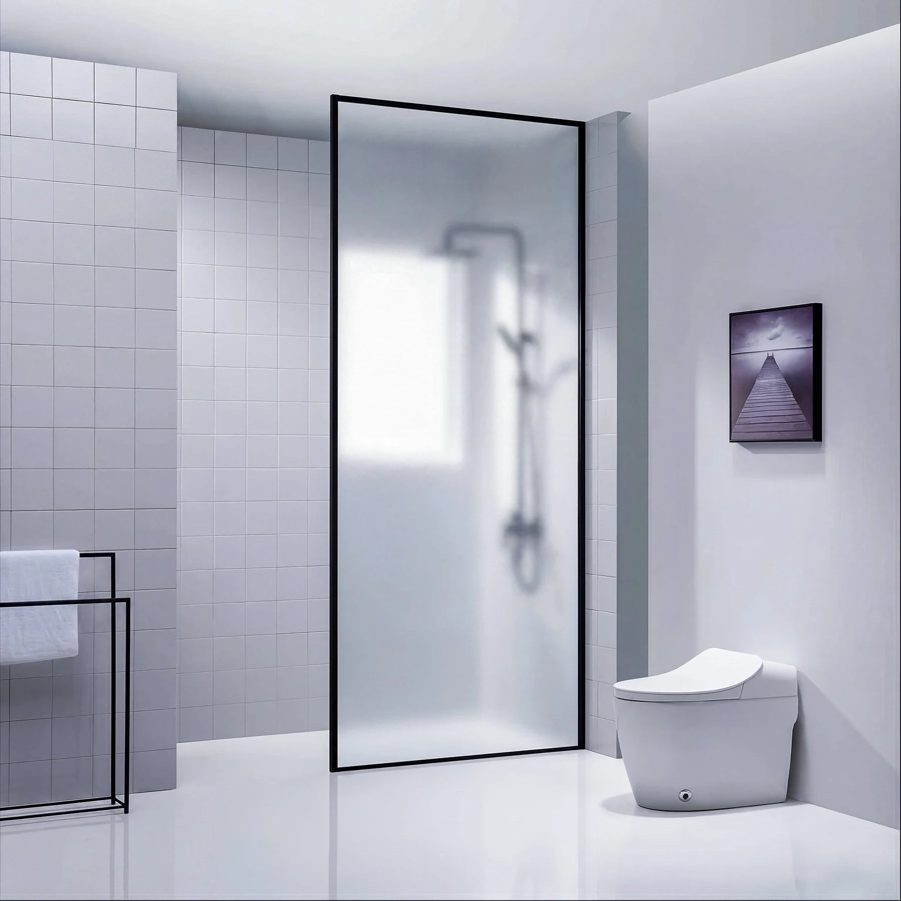 Dreamwerks frosted glass shower screen in a modern bathroom.