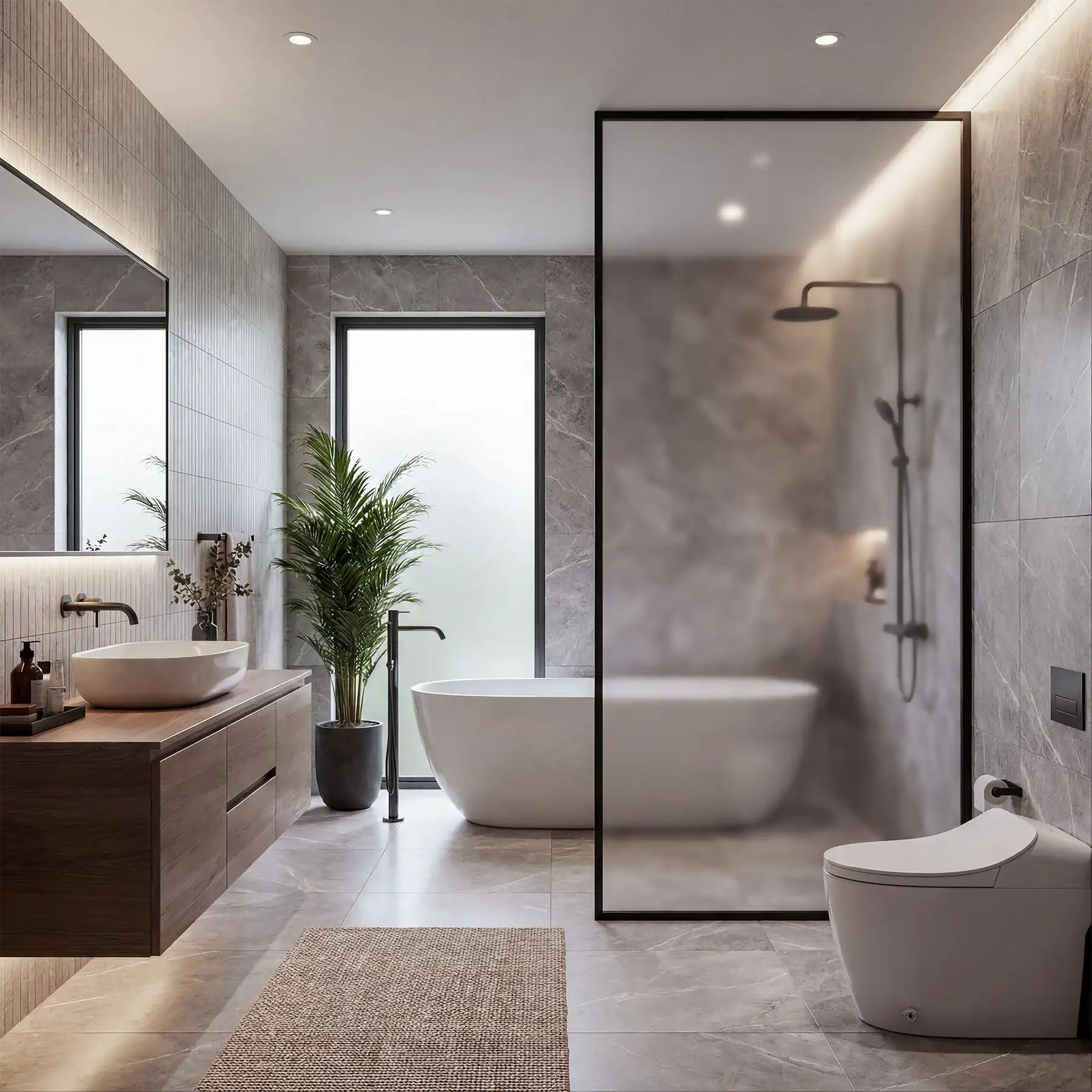Dreamwerks frosted glass shower screen in a modern bathroom.