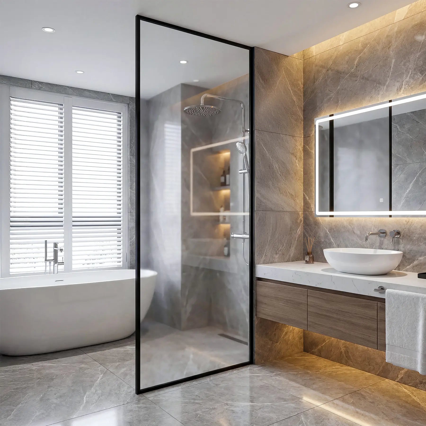 Dreamwerks frosted glass shower screen in a modern bathroom.