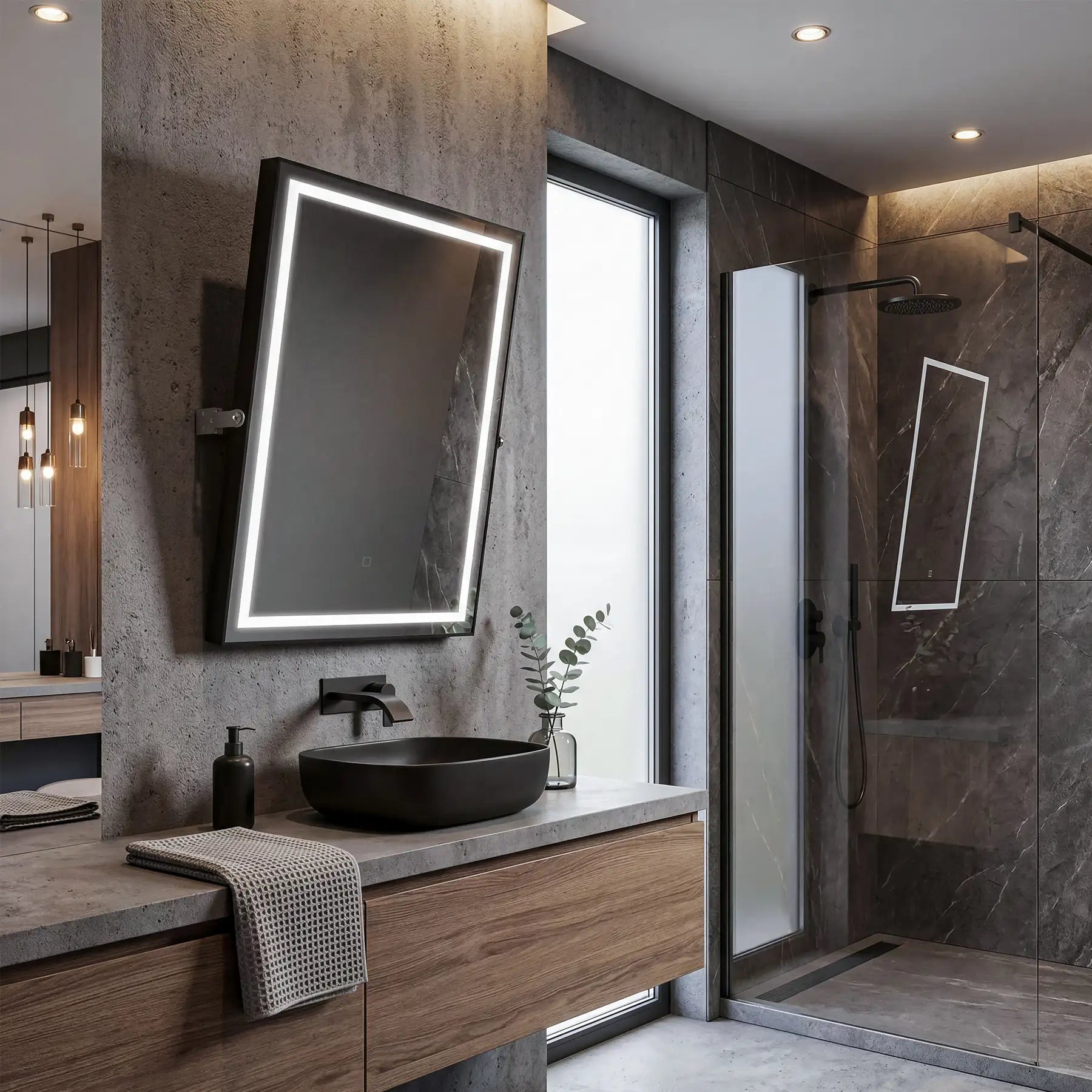 Modern bathroom with a vanity, sink, and illuminated mirror.