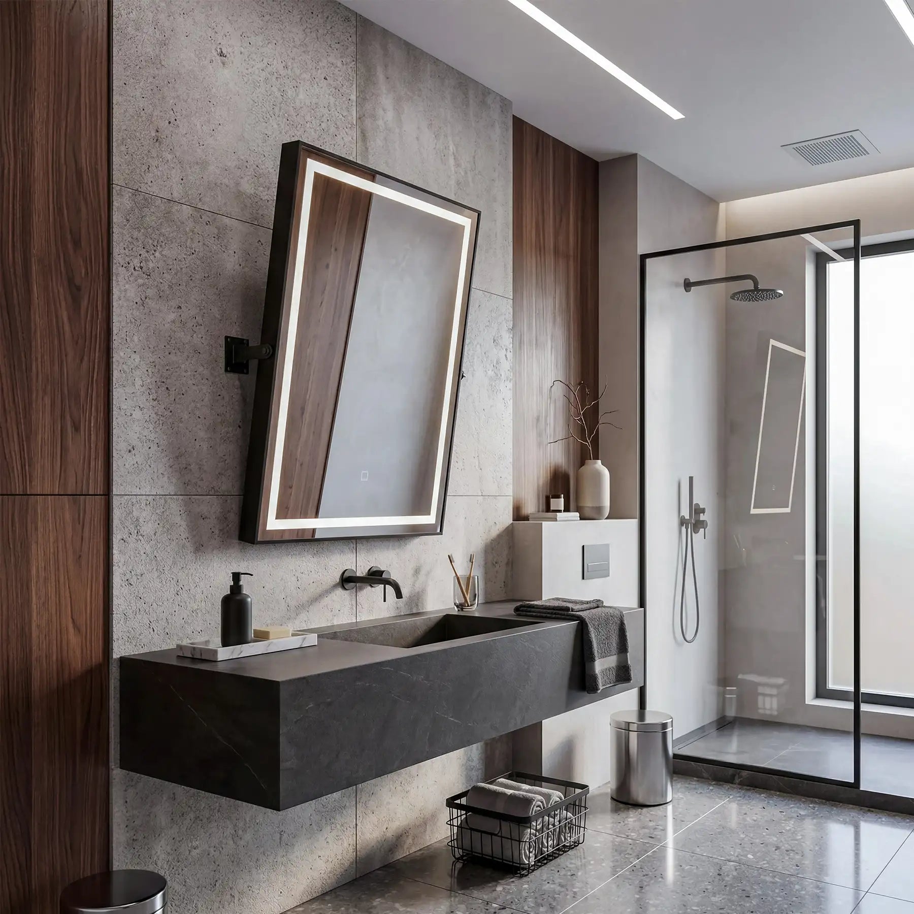Modern bathroom with concrete vanity, mirror, and shower area.
